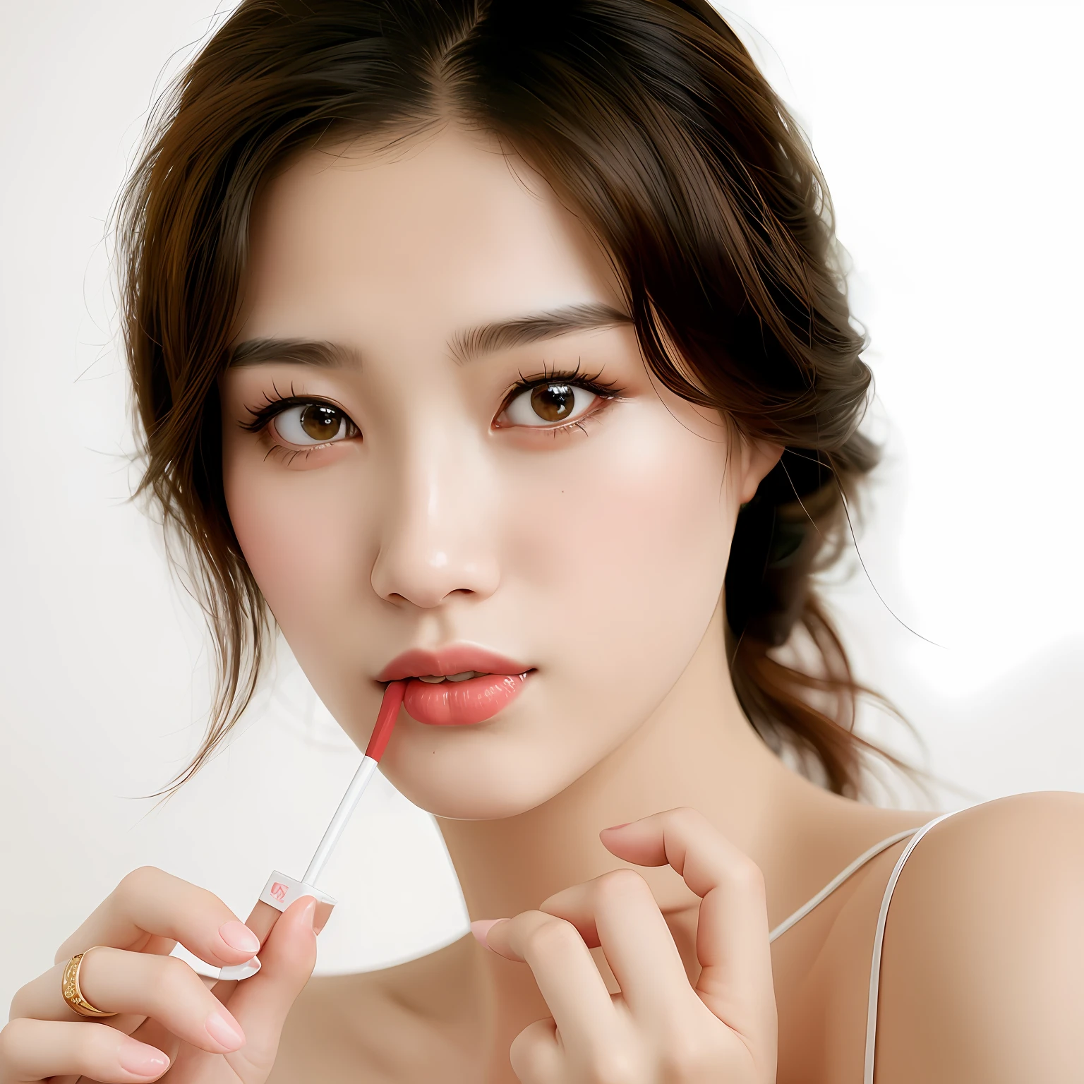 Arafeld Asian woman looking at camera with lipstick in hand, popular korean makeup, Popular Korean makeup, Beautiful young Korean woman, Gorgeous young Korean woman, beautiful Korean women, Shin Jinying, Clear lips and high quality, Korean girl, light-red lips, young lovely Korean faces, Smoothes lip line, professional make-up