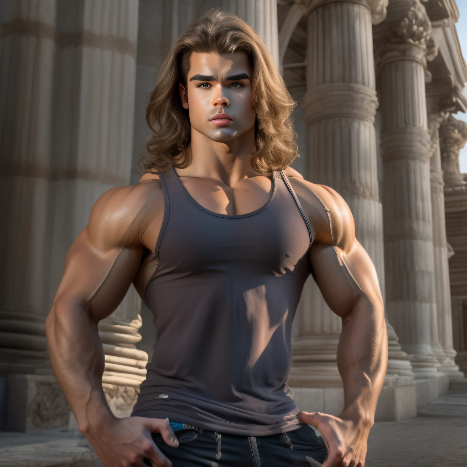 18-year-old fuckboy jock with an IFBB physique, embodying the perfect fusion of David Charvet and Spencer Boldman with long hair, flexing his pecs, looking directly into the camera, HDR, flawless masterpiece, 4k resolution, realism, tumblr, flawless rendered anatomy, outdoor lighting, real shadows and highlights, photographed from belowworm's eye view, foreshortened angle,