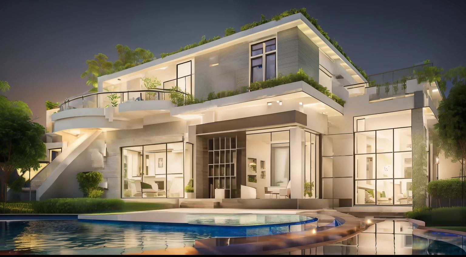 Masterpiece: 1.2, best quality), realistic, (real picture, rich details details, depth of field), fancy house, home with waterpool, ultra 4k rendering, architecture, white color, night sky, rim light, soft yellow light, light house, modern minimalist style house, clear object, sharp rendering, low angel shoot,