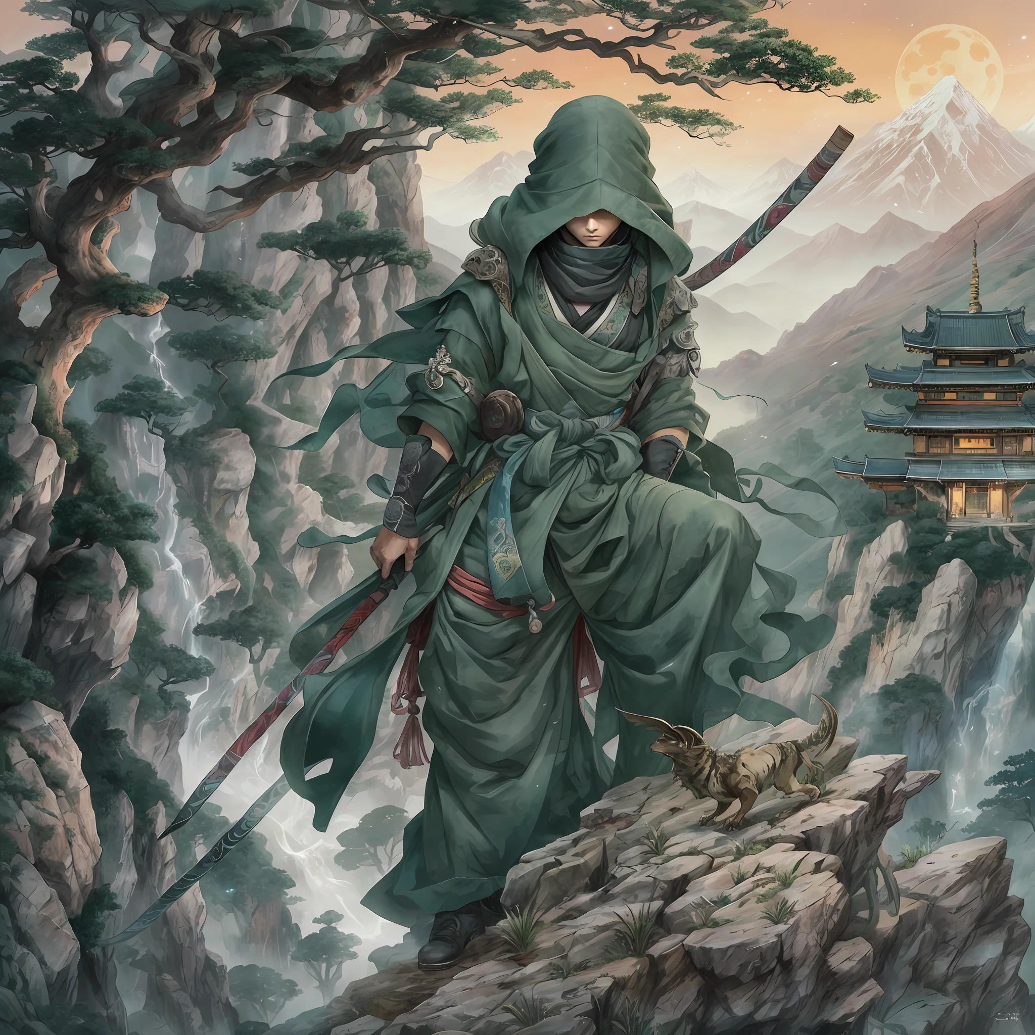 mystic ninja，Detailed face，Detailed eyes，Clear eyes，Gui Zen，Exotic beasts of mountains and seas，Dark green and black details, Loose and thick clothing covers the body，standing on cliff，Bask in the luxury of Yoshitaka Amano in the moonlight，fanciful，sci-fy，the complex background（full bodyesbian），((dynamicposes))，Colorful wallpapers，Highly detailed，Masterpiece，best qualtiy，art  stations