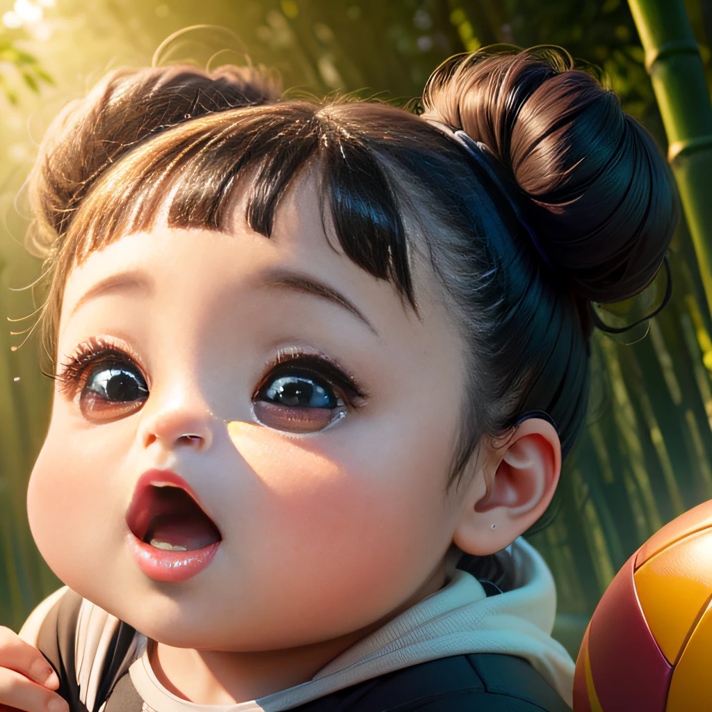 4K HD quality，Ridily scene details，Very cute panda in the bamboo forest，A cute chubby little girl，Double bun and bangs，Elaborate Eyes，Very happy，Play volleyball，