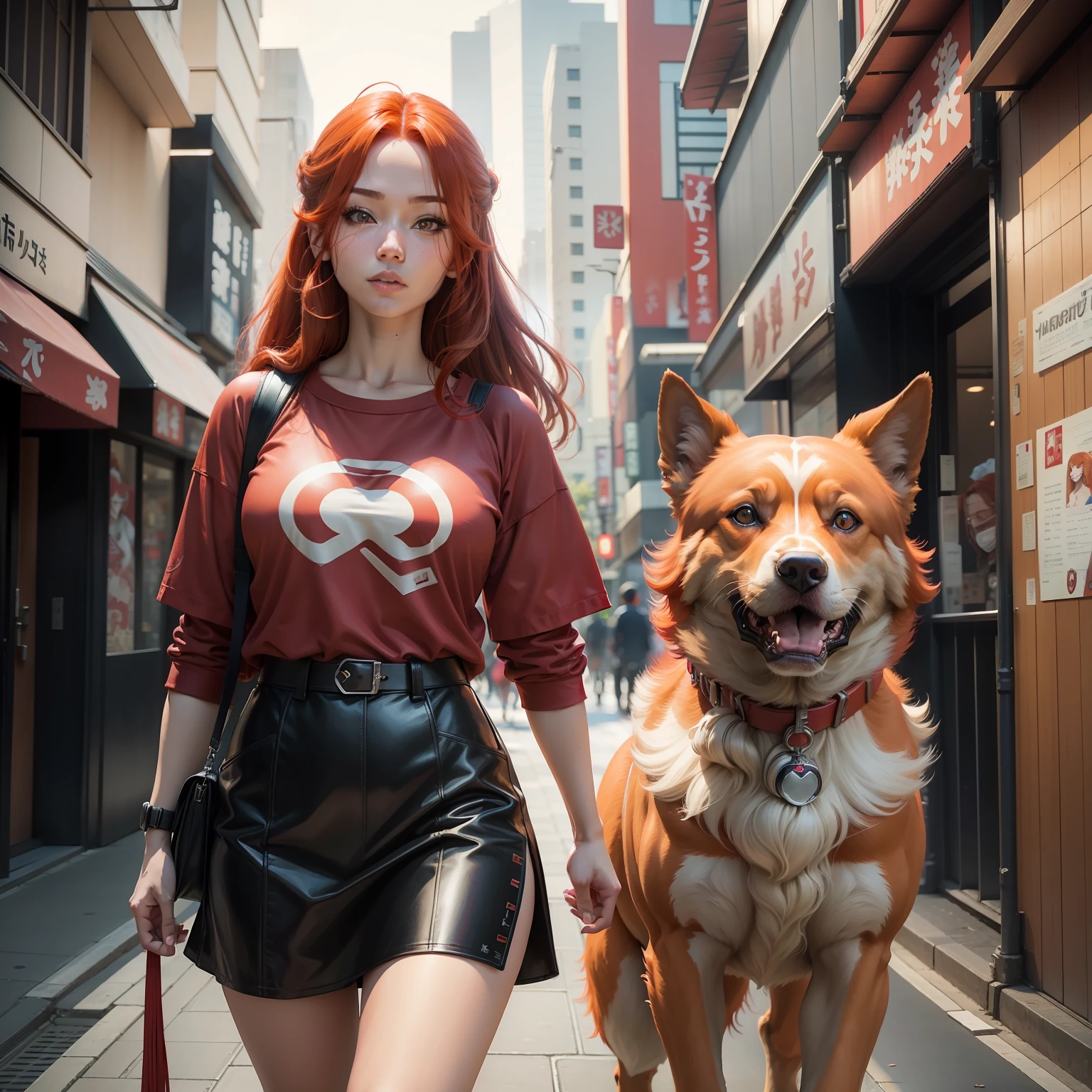 Marvel inspired, red haired girl walking with dog in Tokyo, beautiful girl, red furred dog, girl and dog, high definition, high quality detail, marvel style, 8k, super hero, Japan, Tokyo