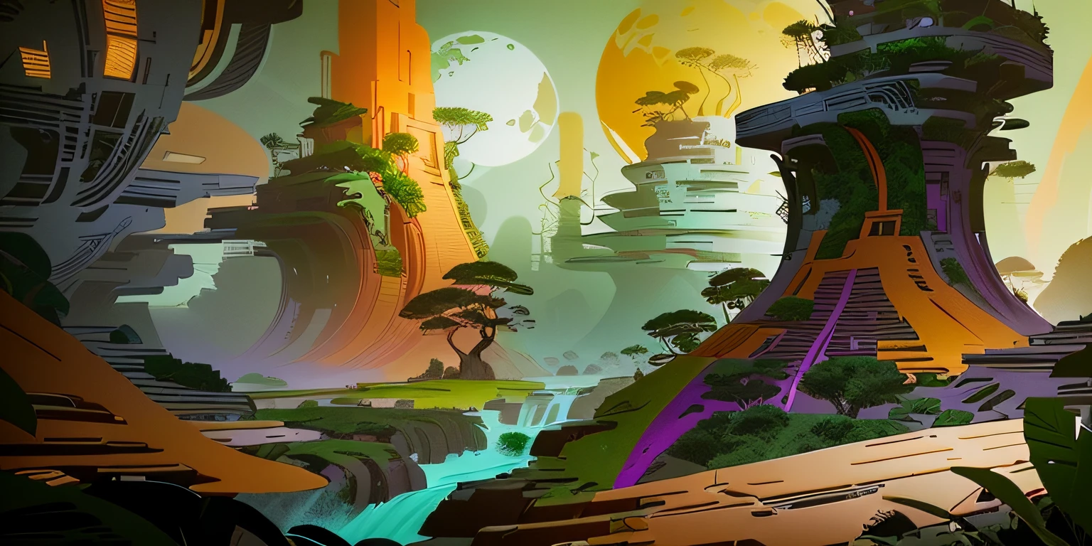 Cartoon scene with forest of streams and frogs, arte de fundo, colorful concept art, lush alien landscape, rich diverse lush alien world, background artwork, painted as a game concept art, 2 D game art background, Stylized concept art, scenery game concept art, alien forest in background, concept art for a video game, indie game concept art