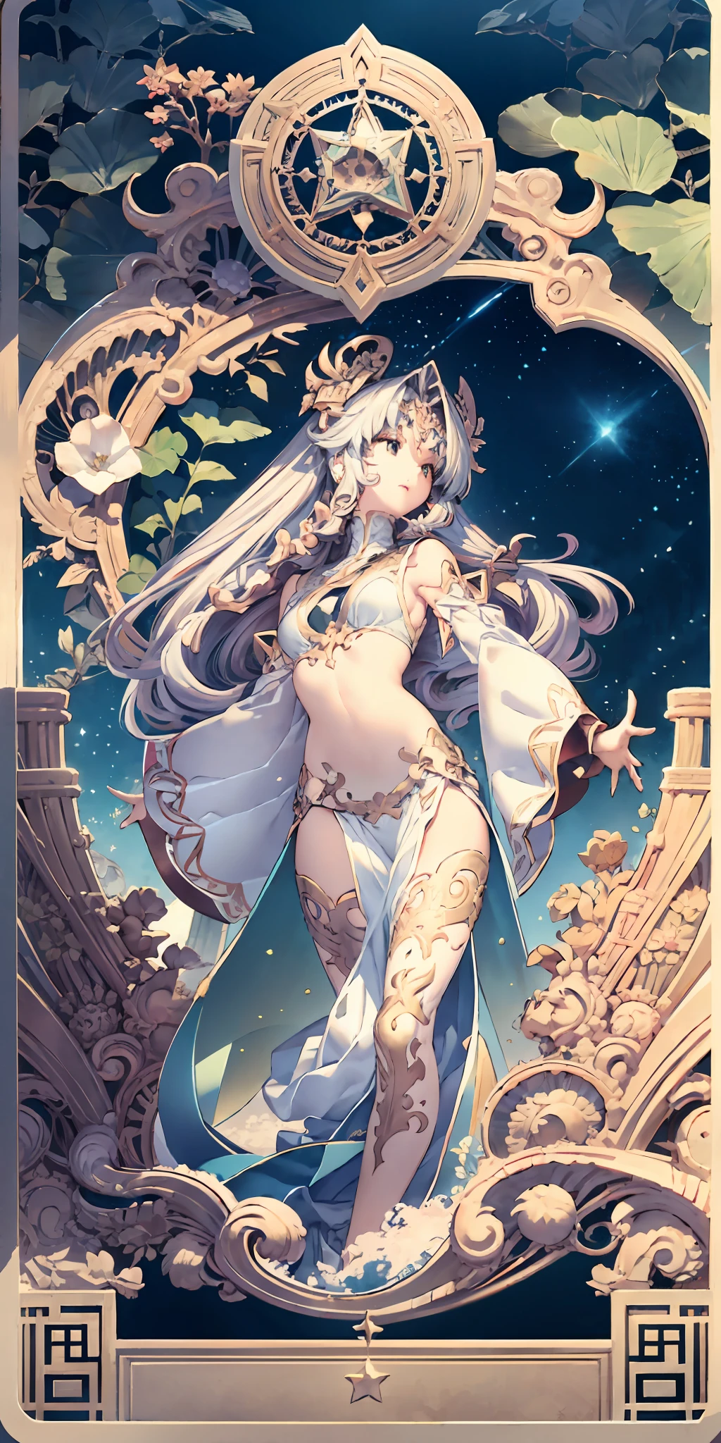 Goddess Ningfu，Little girl image，full bodyesbian，Flower frame，Decorative panels， abstract artistic， Alphonse Mucha （tmasterpiece， best qualtiy， A high resolution： 1.4）， A detailed， Complicated details， 4K， Color splattering， Line art， Fibonacci， starrysky， natta， exteriors， Clouds， Reflectors， Eau， magick， （tarot cards），Cards， （（beautiful golden crystal star）） buliding， palaces， Patterned， Sumeru， Clouds， themoon