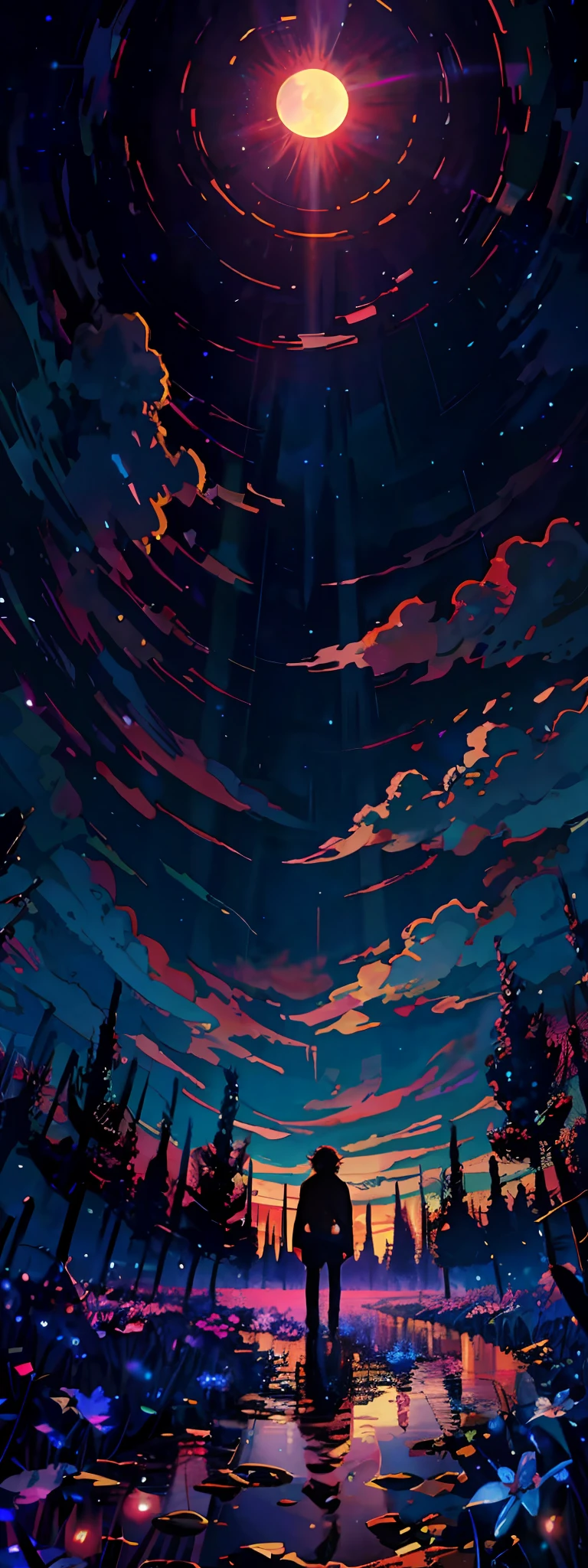 anime art of a man standing in a field with a giant moon in the sky, background art, jen bartel, quiet night. digital illustration, background art, lofi art, detailed sky, lofi art style, anime background art, anime sky, sky, night sky, in the style of dan mumford's artwork, anime background, colorful skies
