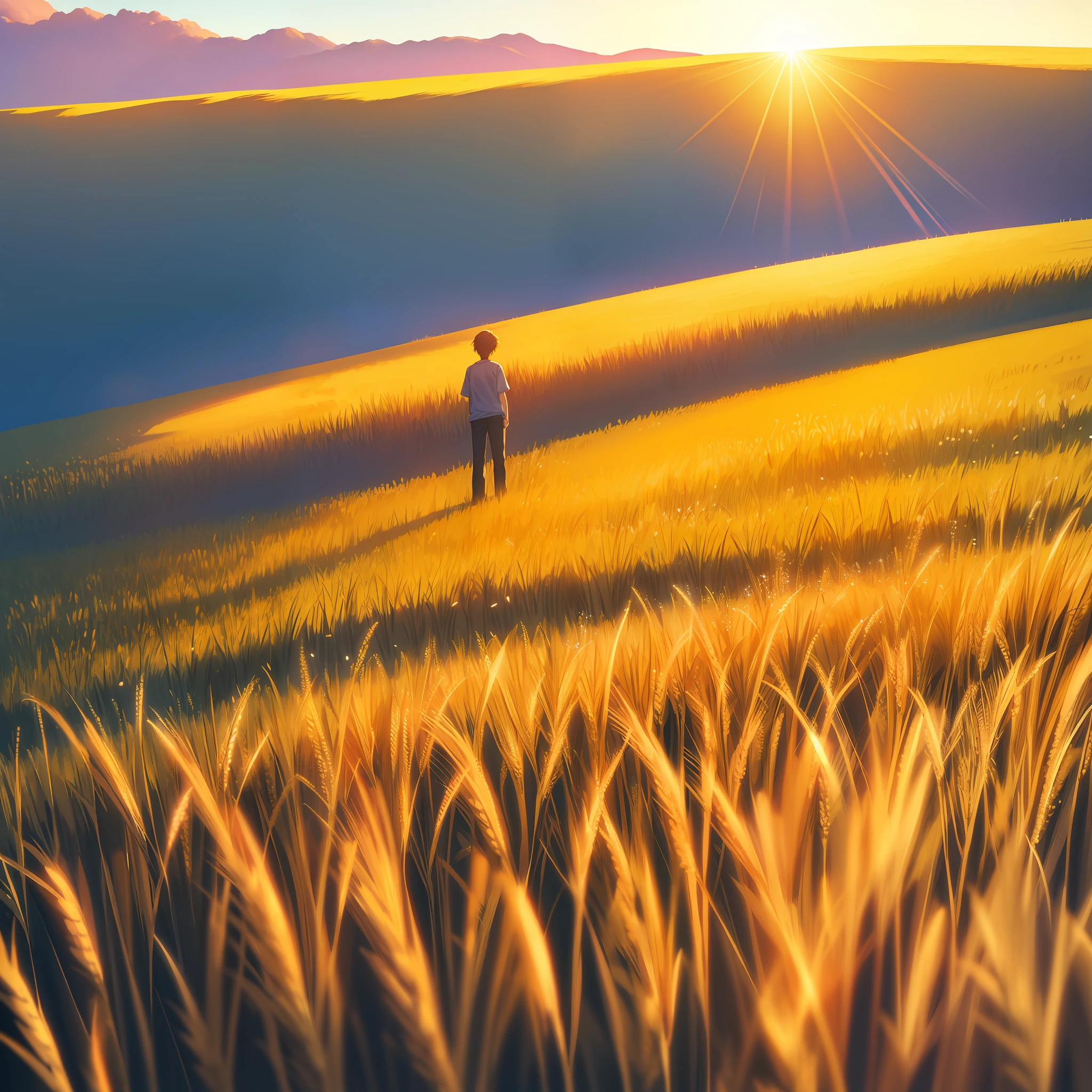 The teenager stands in a wheat field，Sunlight shines on the face，The upper part of the body，8K
