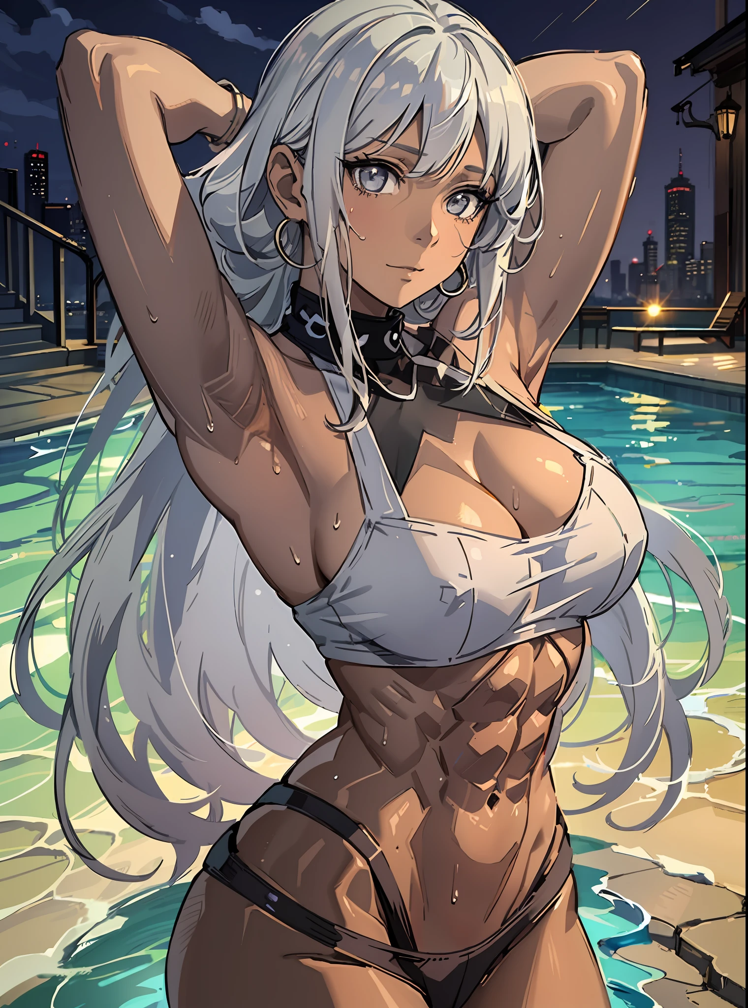 ((((masutepiece、top-quality、Random posture、Brown skin、Long body、large full breasts、Brown skin color、perspiring、Beautiful clothes、ssmile、Beautiful silver hair、in poolside、Split abs、Seductive look、Wearing sweat、A look of shame))))、Silvery hair(((Gray eyes、White eyes、Brown-skinned、Suntan-Skin)))、(((((Black skin、Beautiful abs、long legged))))),((((darkskin)))),((sun burn)),Whole human body、(((Shyness)))、Realistic skin type、an anime girl、Detailed Digital Anime Art、A seductive anime girl、extremely detailed art germ、a hyperrealistic schoolgirl、Ilyakukvshinov、Smooth Anime CG Art、Ultra Realistic Woman、ig model、ArtGerm、Photorealistic anime girl rendering、digital anime art
