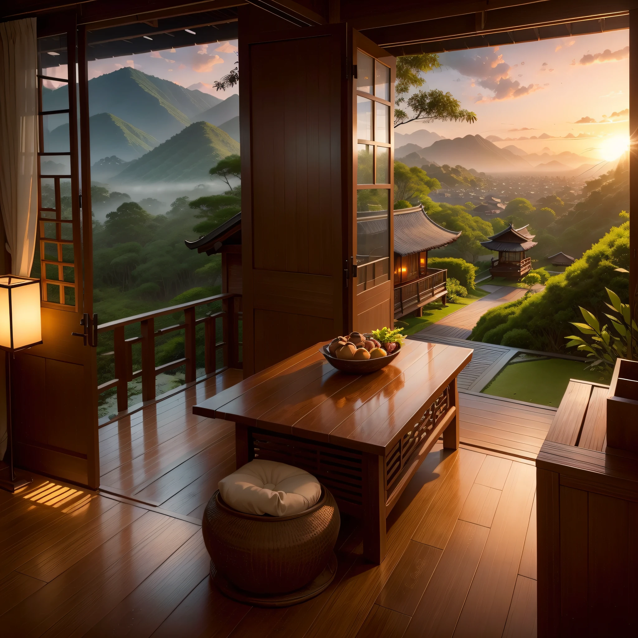 Pure landscape view,vale、bamboo huts、Sunset Villa、It was raining lightly outside、bamboos、Maple leaves、Heal the beautiful landscape。evening light、Beautiful artistic conception、the sunset、precipice、Beautiful view of spring