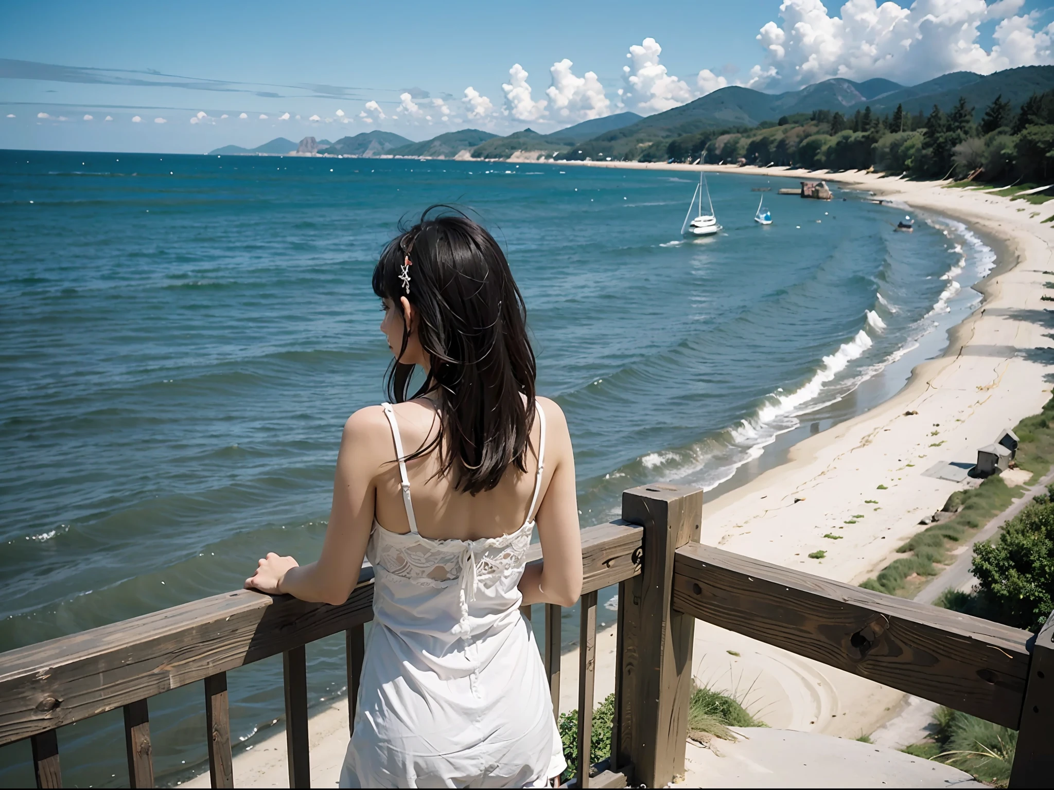 Transportation, Leisure, Women, Entertainment, Rear view, Outdoor, travel, Watchtower, water, shoreline, Seaside, Watching, Road, hiking