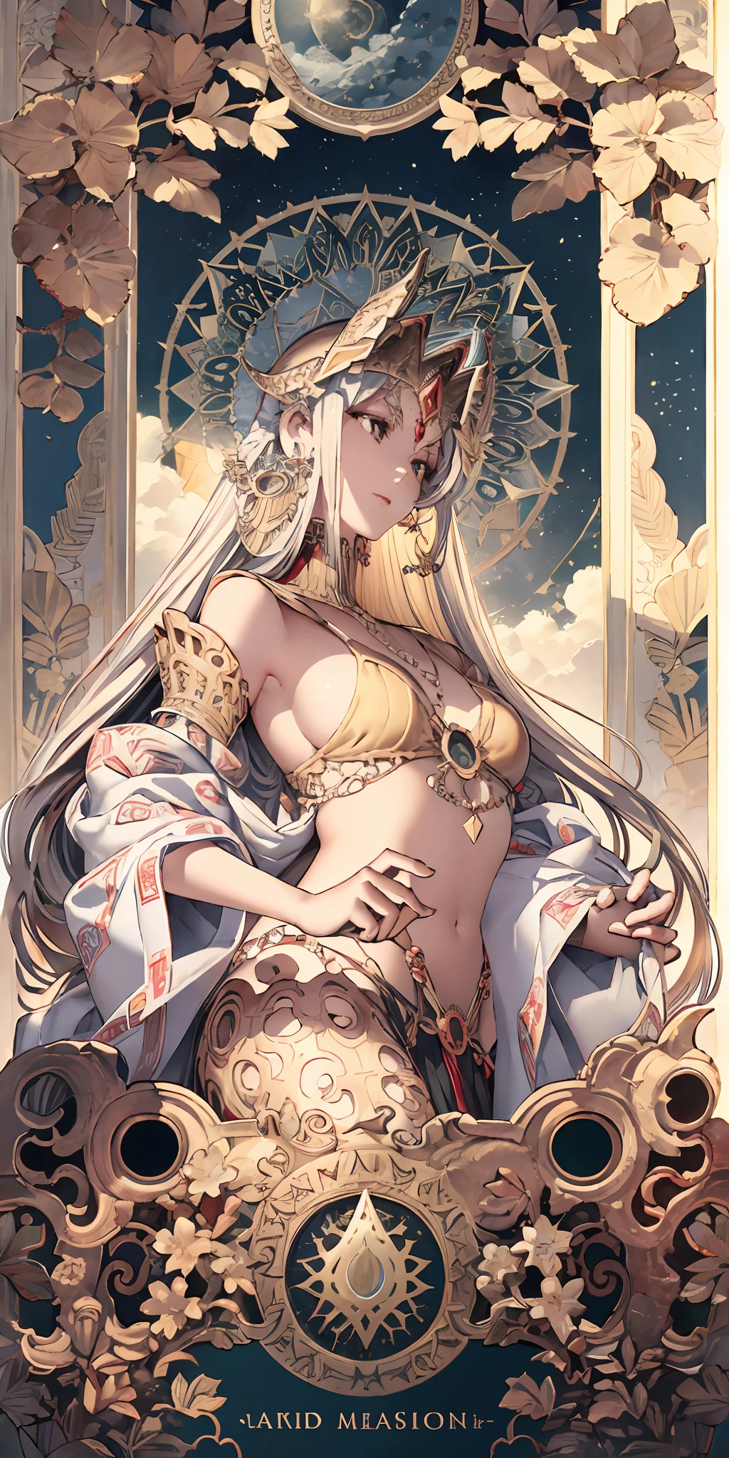 deusa Atena,Goddess of war,full bodyesbian,Flower frame,Decorative panels, abstract artistic, Alphonse Mucha (tmasterpiece, best qualtiy, A high resolution: 1.4), A detailed, Complicated details, 4K, Color splattering, Line art, Fibonacci, starrysky, natta, exteriors, Clouds, Reflectors, Eau, magick, (tarot cards),Cards, ((beautiful golden crystal star)) buliding, palaces, Patterned, Sumeru, Clouds, themoon