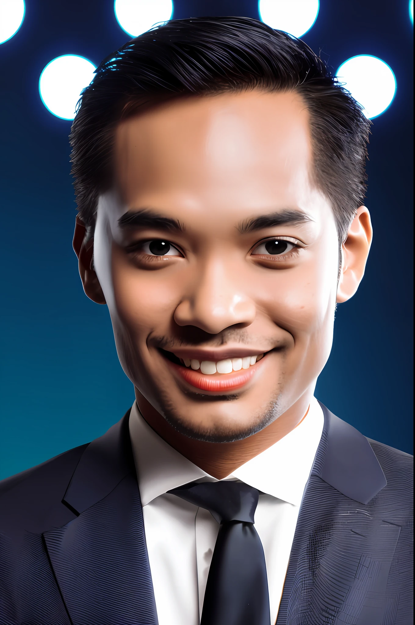 "Create a portrait of a male presenter with a confident and enthusiastic expression, holding a microphone in his hand, with a brightly lit and bustling stage background. Ensure that he is dressed in a sleek, professional suit and exudes a charismatic aura in his gaze. Showcase clear facial details, including his charming smile and sharp eye contact. Don't forget to highlight elements of his personality in the design, such as the show's logo or the name of the television program he is hosting. If possible, add elements that reflect the content of the show, such as data graphics or relevant elements related to the show's topic. Create an engaging, professional portrait that captures the presenter's spirit and personality perfectly.