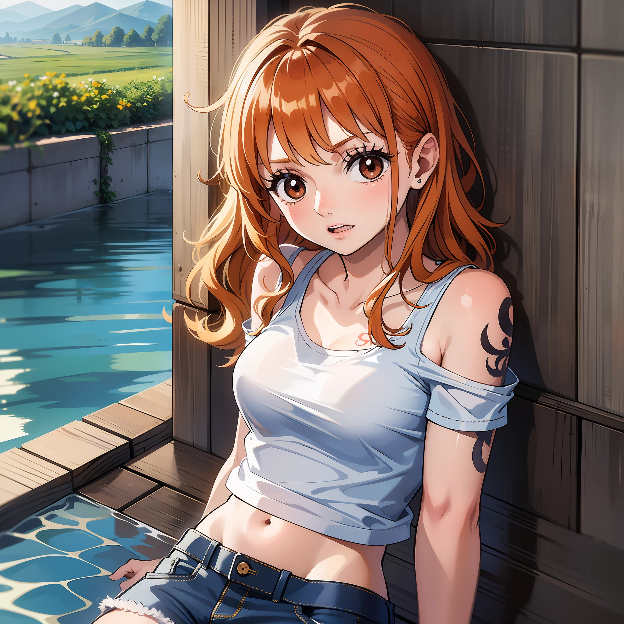 Cute *********** s,round and brown eyes、Orange hair color、A little dark、medium long straight hairstyle、The stomach is tight、Tattoo of a windmill on the left shoulder、Wearing denim and a white T-shirt on top、embarrassed from、Clothes soaked in water