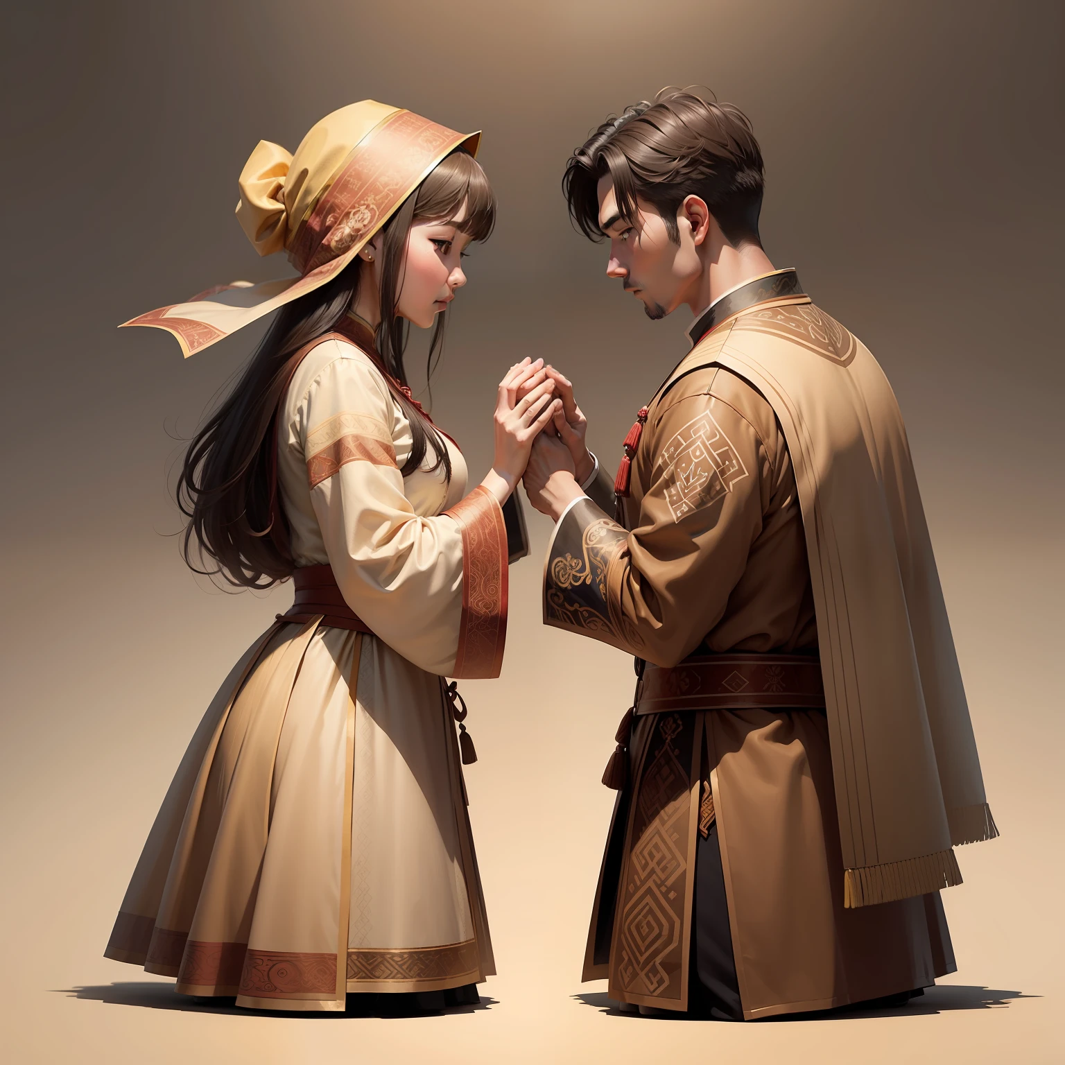 Men and women bow face to face,Pencil sketch style stamps of characters,Xinjiang costumes,Light brown tones, line art,Extreme detail
