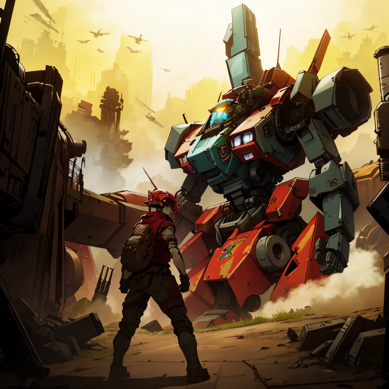 In the city,There was a man standing next to a giant robot, Fortress Games, discarded mech in background, mechanized art concept, bastion, comic book style battlemech, Red mech, soldiers and mech fight, mecha art, battlemech, Alexander Ferra Mecha, battle chasers, Machinary, Mecha, full body red mech, giant mecha