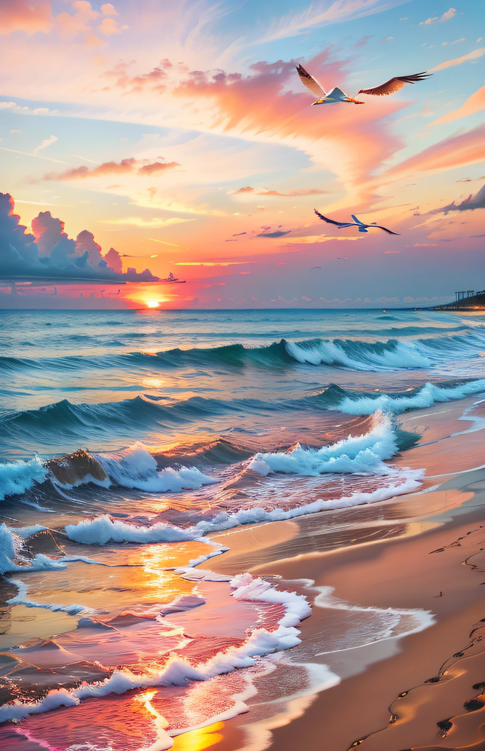An absolutely mesmerizing sunset on the beach, with a mix of orange, pink, and yellow in the sky. The water is crystal clear, gently kisses the coast, and the white sand is endless. The scene is dynamic and breathtaking, with seagulls soaring high in the sky and palm trees swaying softly. Immerse yourself in the calm atmosphere and let the serenity surround you.