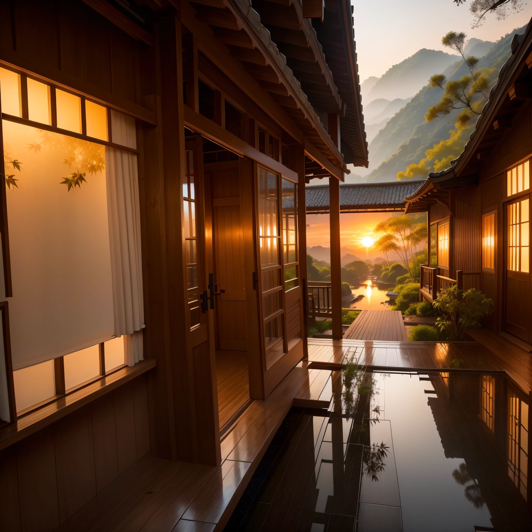 Pure landscape view，vale、bamboo huts、Sunset Villa、It was raining lightly outside、bamboos、Maple leaves、Heal the beautiful landscape。evening light、Beautiful artistic conception、the sunset、precipice、Beautiful view in winter