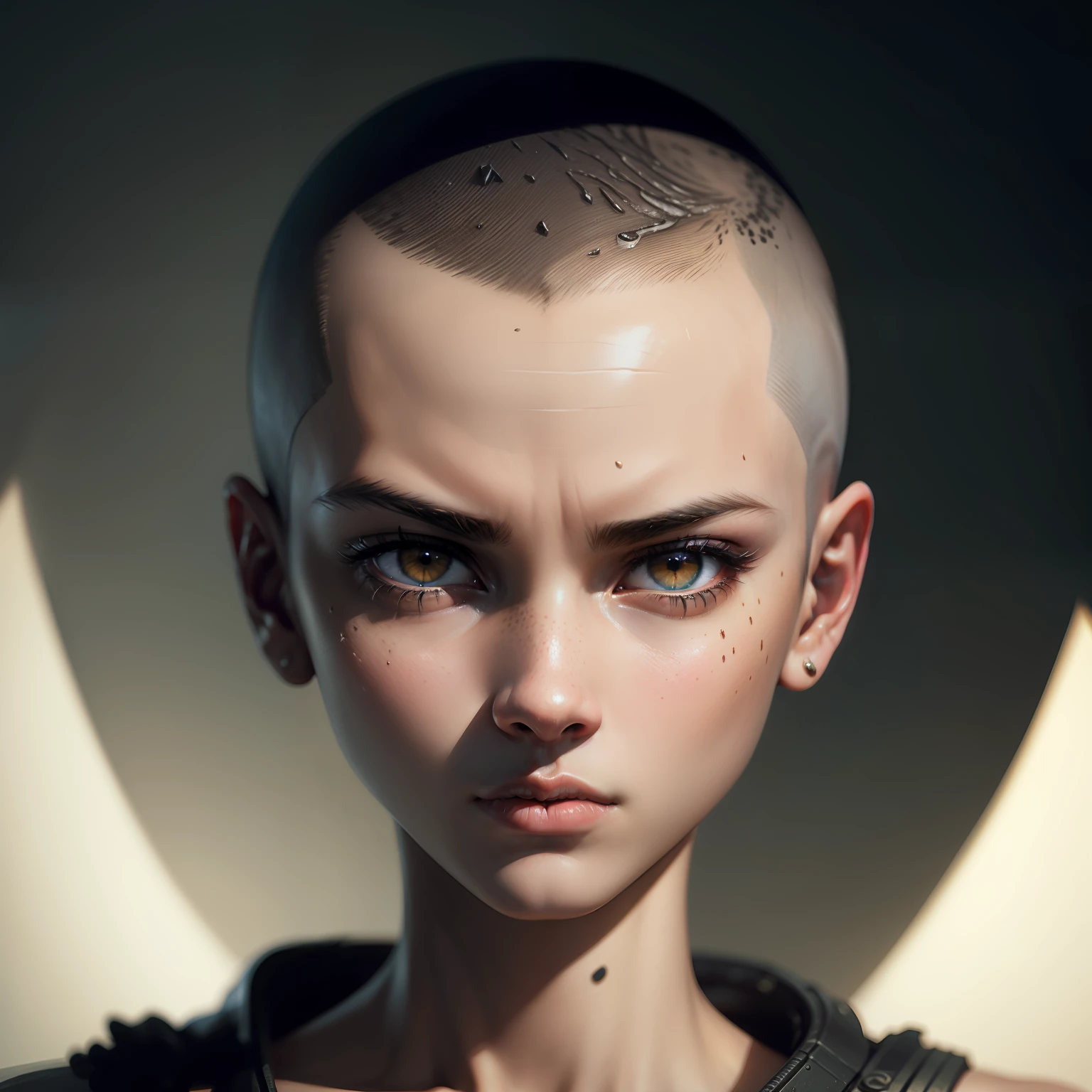buzz cut, glaring, sigh, sigh, crazy, Surrealism, chiaroscuro, chromatic aberration, silhouette, viewfinder, close-up, Sony FE GM, UHD, masterpiece, textured skin, super detail, high details, best quality