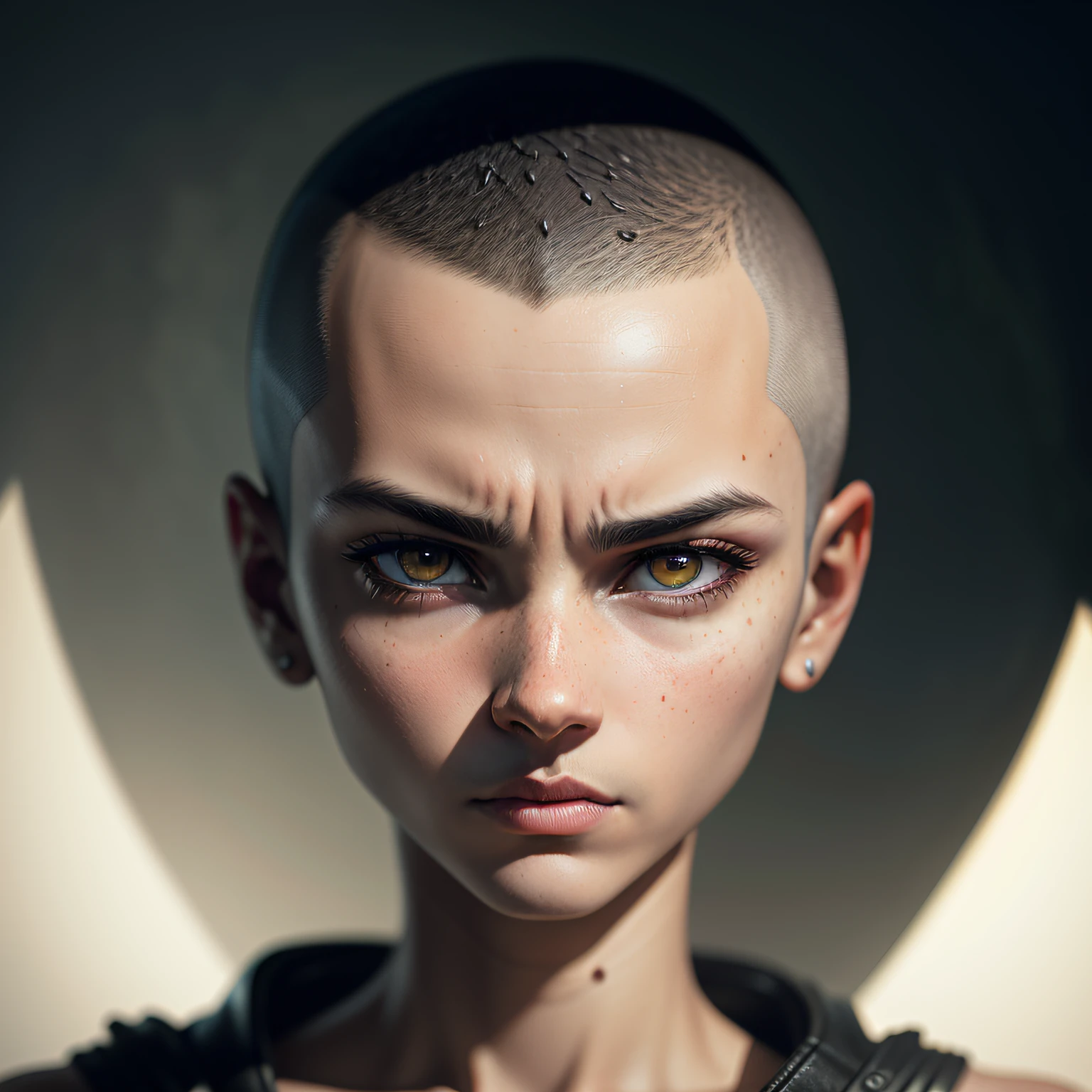 buzz cut, glaring, sigh, sigh, crazy, Surrealism, chiaroscuro, chromatic aberration, silhouette, viewfinder, close-up, Sony FE GM, UHD, masterpiece, textured skin, super detail, high details, best quality