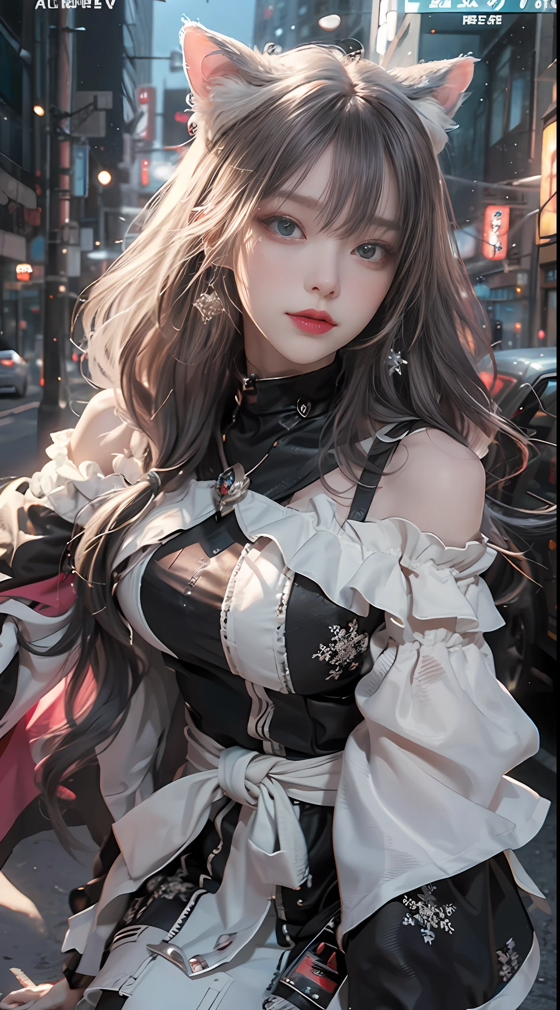 ((best qualtiy)), ((tmasterpiece)), (detail:1.4), Beautiful cyberpunk Japan woman image,sixteen years old, nffsw(HighDynamicRange),Ray traching,NVIDIA RTX,Hyper-Resolution,illusory 5,Sub-surface scattering,PBR Textures,post processed,Anisotropy Filtering,depth of fields,maximum definition and sharpness,multi-layer texture,Albedo e mapas Speculares,Surface Coloring,Mitsu-Accurate simulation of material interactions,Perfectly proportioned,rendering by octane,Two-colored light,Large aperture,Low ISO,White Balance,Rule three points、8K raw data、Beautiful bright red pupils,Off-the-shoulder clothing,Fine pupils,Delicate face and eyes,with round face, drooing eyes, long eyelasher,Blushlush,Delicate and fluffy hair,lip,pure,Cute face,Sweet girl,Artistic sense,Casual wear,Advanced Sense,Snowflake,flower petals,Snowflake, Bry snow background, Beautiful Hair Accessories,long hair and waist,Hair fluttering in the wind,Snow White cat ears, Curly