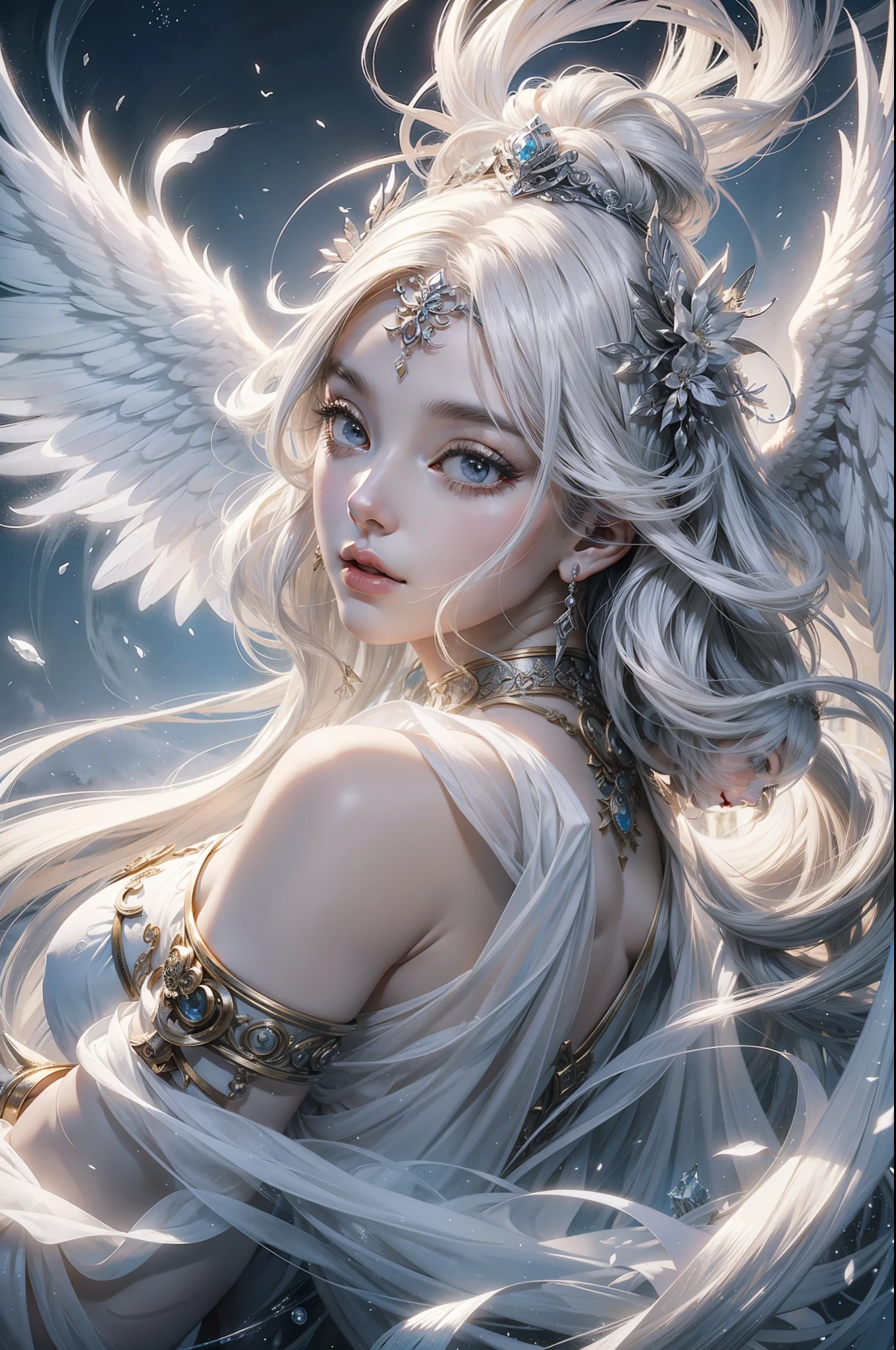 Goddess in ancient mythology,White color hair,A pair of white wings,Beautiful and delicate face,floated hair,offcial art,Extremely detailed ,Dynamic background,8k wallpaper,official aesthetics,Mythological aesthetics