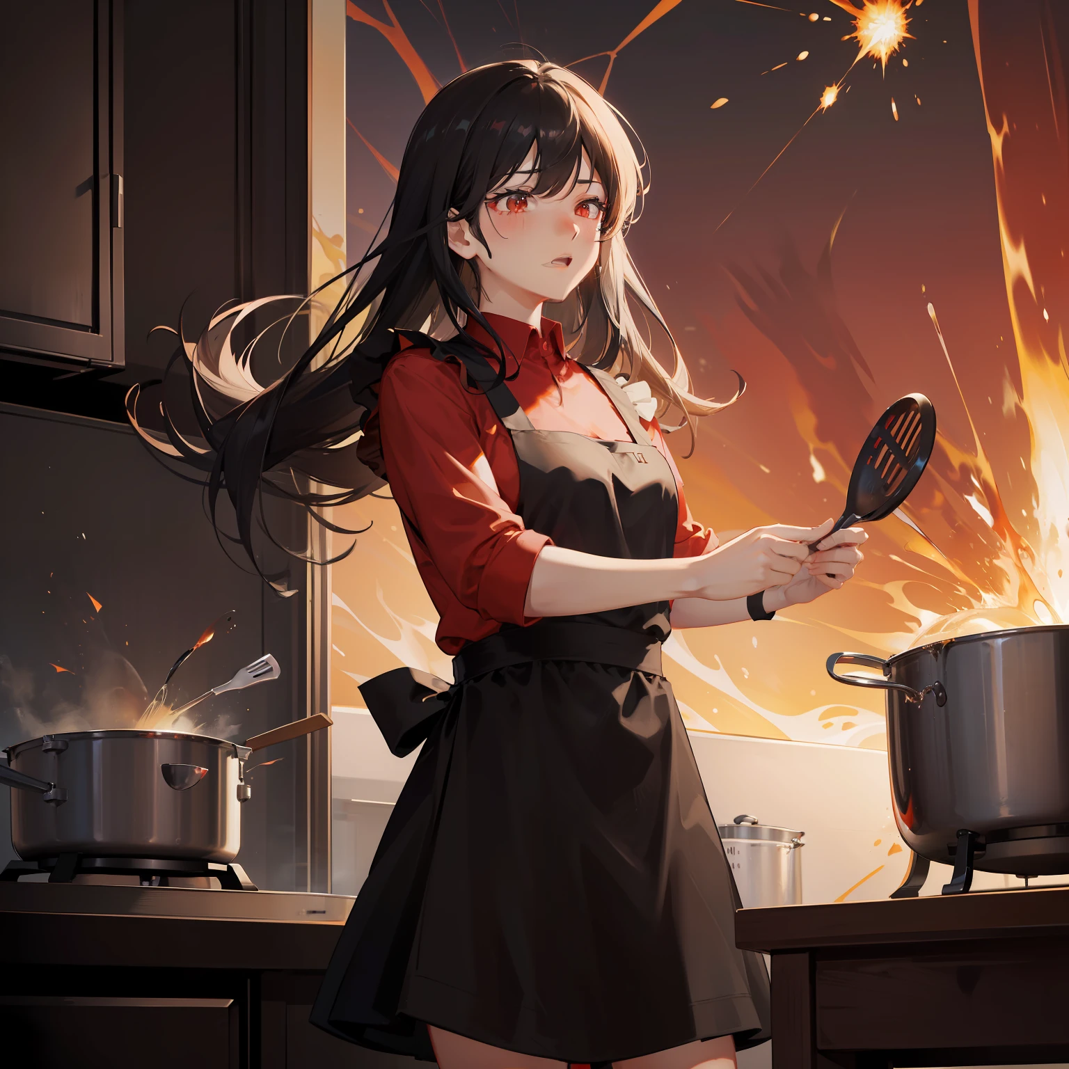 masterpiece、hightquality、vivd colour、(((Long Black Hair)))、(((Red Shirt)))、(((a black skirt)))、(((Black Apron)))、(((Cooking)))、(((Cooking explodes)))
