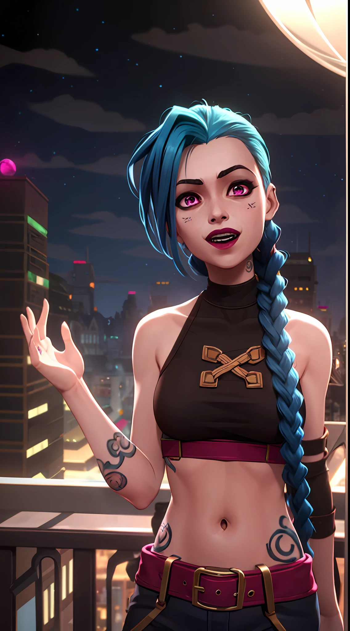 arcane style,
1girl, arm tattoo, asymmetrical bangs, bangs, blue hair, braid, brown shirt, cloud tattoo, looking at viewer, laughing, crazy, uncontrollable laugh, mad look, night, city, green hair, long hair, midriff, pink eyes, red lips, shirt, solo, standing, tattoo, twin braids, upper body, arcane jinx, jinx \(league of legends\)