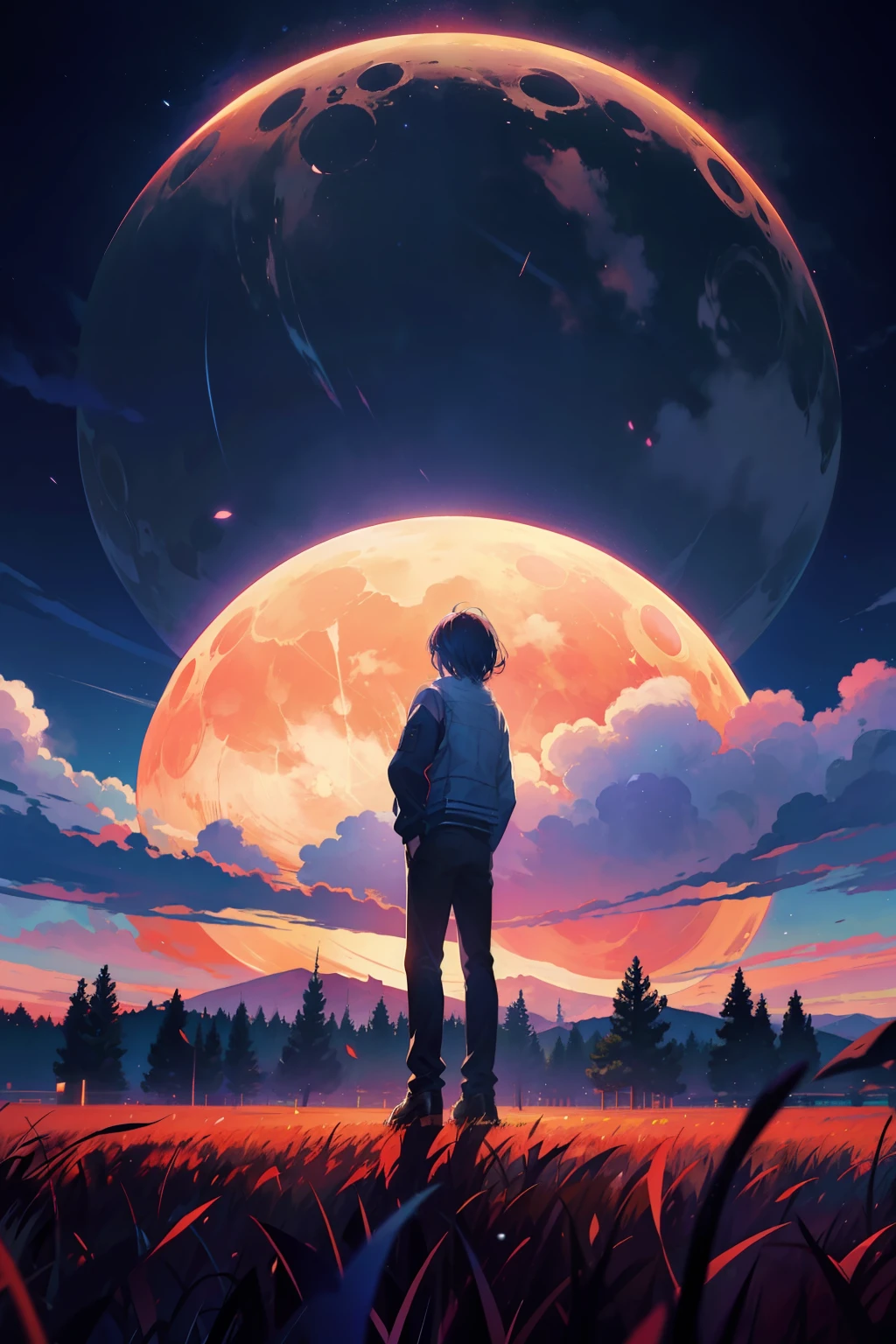 anime art of a man standing in a field with a giant moon in the sky, background art, jen bartel, quiet night. digital illustration, background art, lofi art, detailed sky, lofi art style, anime background art, anime sky, sky, night sky, in the style of dan mumford's artwork, anime background, colorful skies