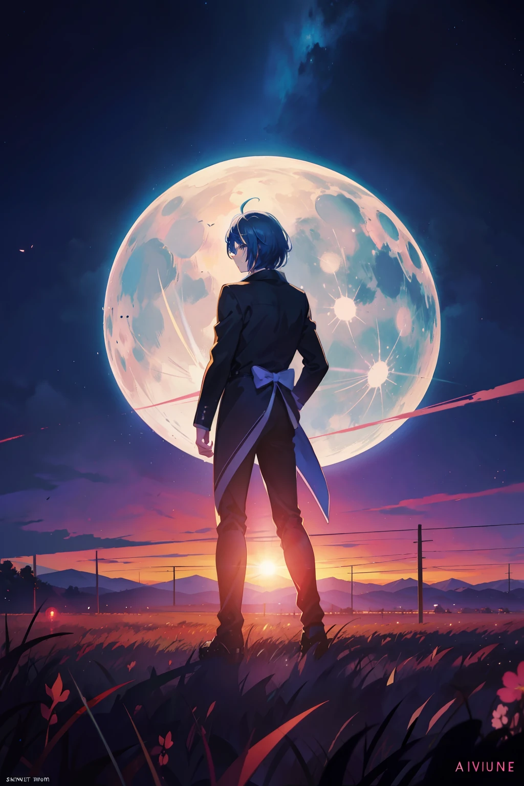 anime art of a man standing in a field with a giant moon in the sky, background art, jen bartel, quiet night. digital illustration, background art, lofi art, detailed sky, lofi art style, anime background art, anime sky, sky, night sky, in the style of dan mumford's artwork, anime background, colorful skies
