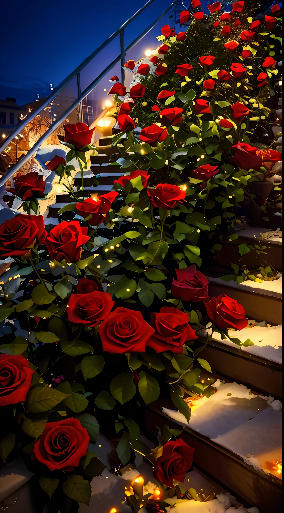 Many roses grow on the steps of the building, white and red roses, roses in cinematic light, red roses at the top, a few roses, rosette, rosses, Beautiful composition, beautiful flowers growing, decorative roses, Rose garden, beautiful aesthetic, with snow covered colourful red, In the evening, photo taken at night, Beautiful image, red and white flowers