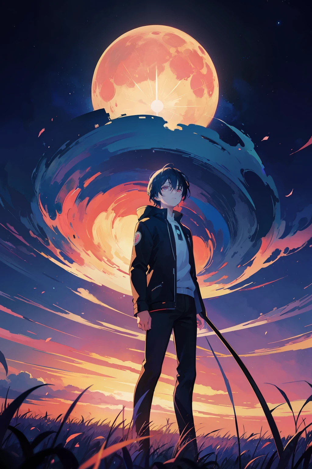anime art of a man standing in a field with a giant moon in the sky, background art, jen bartel, quiet night. digital illustration, background art, lofi art, detailed sky, lofi art style, anime background art, anime sky, sky, night sky, in the style of dan mumford's artwork, anime background, colorful skies