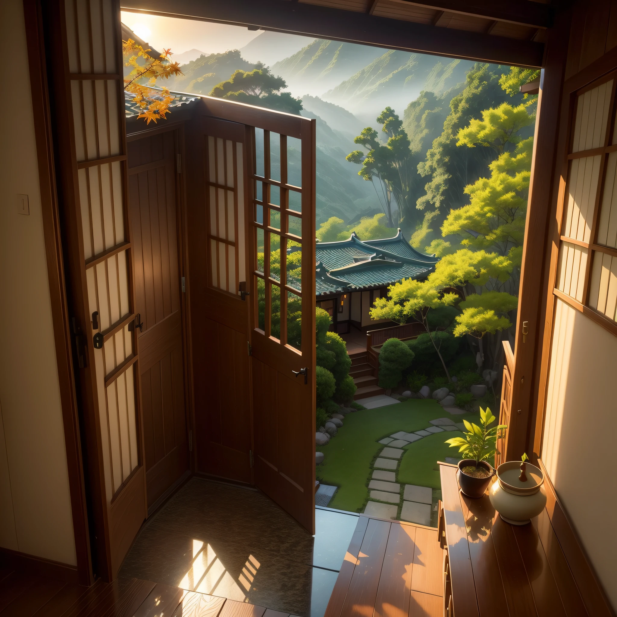 Pure landscape view，vale、Independent Takeya、Sunset Villa、It was raining lightly outside、bamboos、Maple leaves、Heal the beautiful landscape。evening light、Beautiful artistic conception、the sunset、precipice、Emerald green beauty、Clearly visible small fish