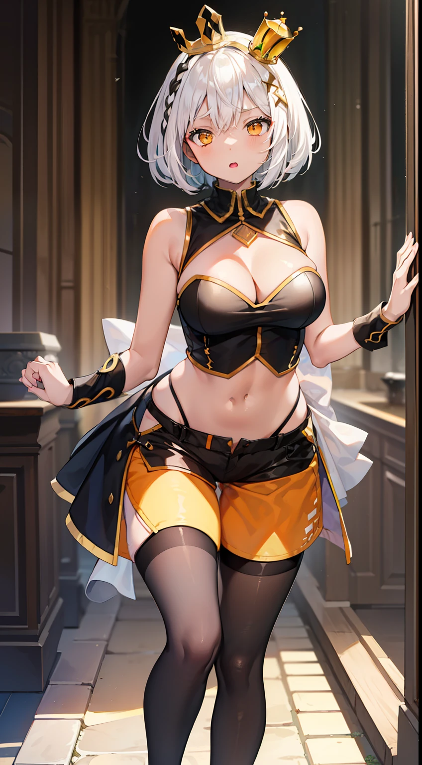 Young black girl, black skin, white colored hair, Bob hairstyle, Orange Eyes, Green rich top, Sleeveless, pantyhouse, crown, Shorts, open breasts, anger, Masterpiece, hiquality
