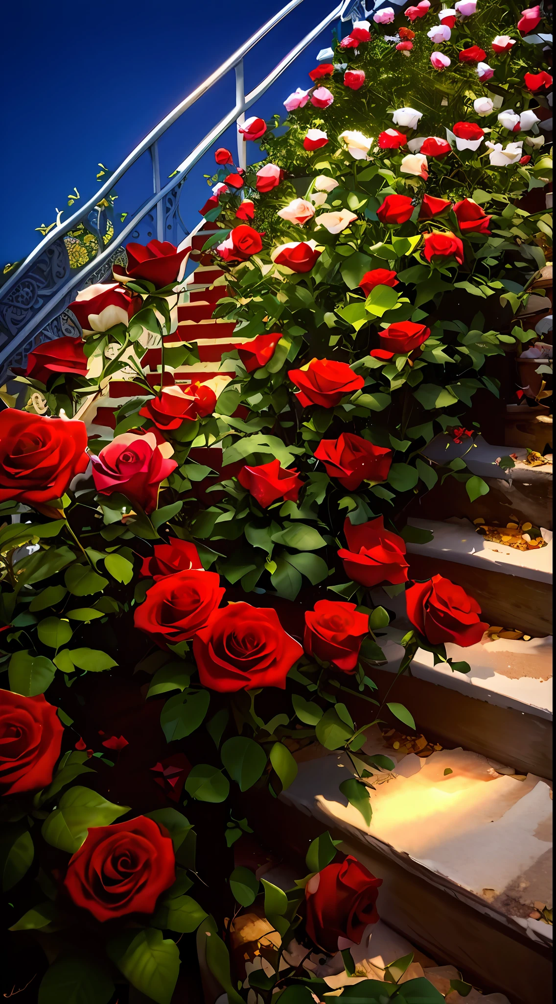 Many roses grow on the steps of the building, white and red roses, roses in cinematic light, red roses at the top, a few roses, rosette, rosses, Beautiful composition, beautiful flowers growing, decorative roses, Rose garden, beautiful aesthetic, with snow covered colourful red, In the evening, photo taken at night, Beautiful image, red and white flowers