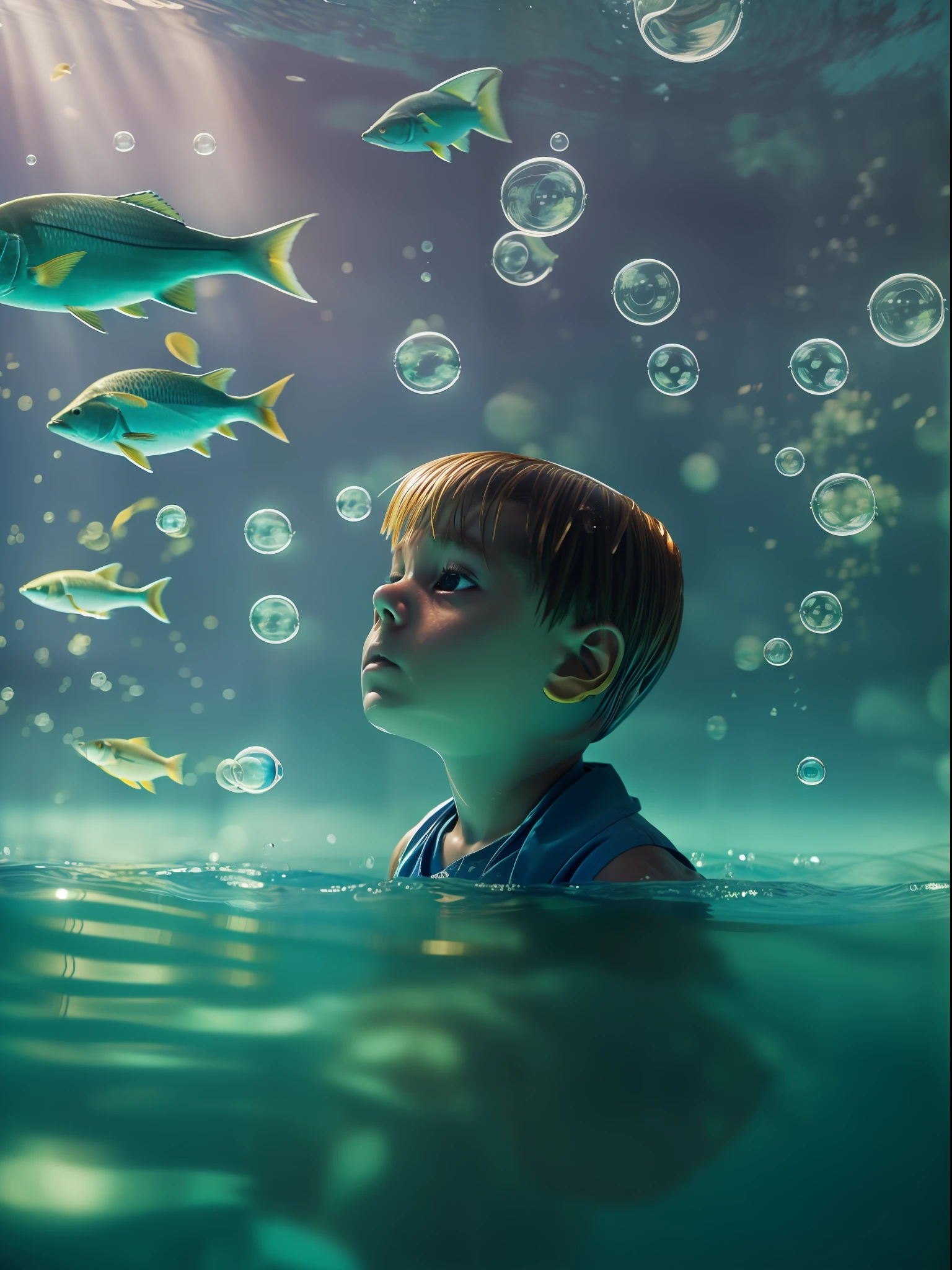 An underwater scene where fish fly and birds swim, in the style of Rene Magritte, A kid watches in wonder from his bubble, High key lighting,Liquid Bismuth,Underwater cave,Close-up shot of the kid amidst this surreal scene, Rendered by Alec Soth with unreal engine 5, Luminism, cinematic lighting, retina, textured skin, anatomically correct, best quality, award winning