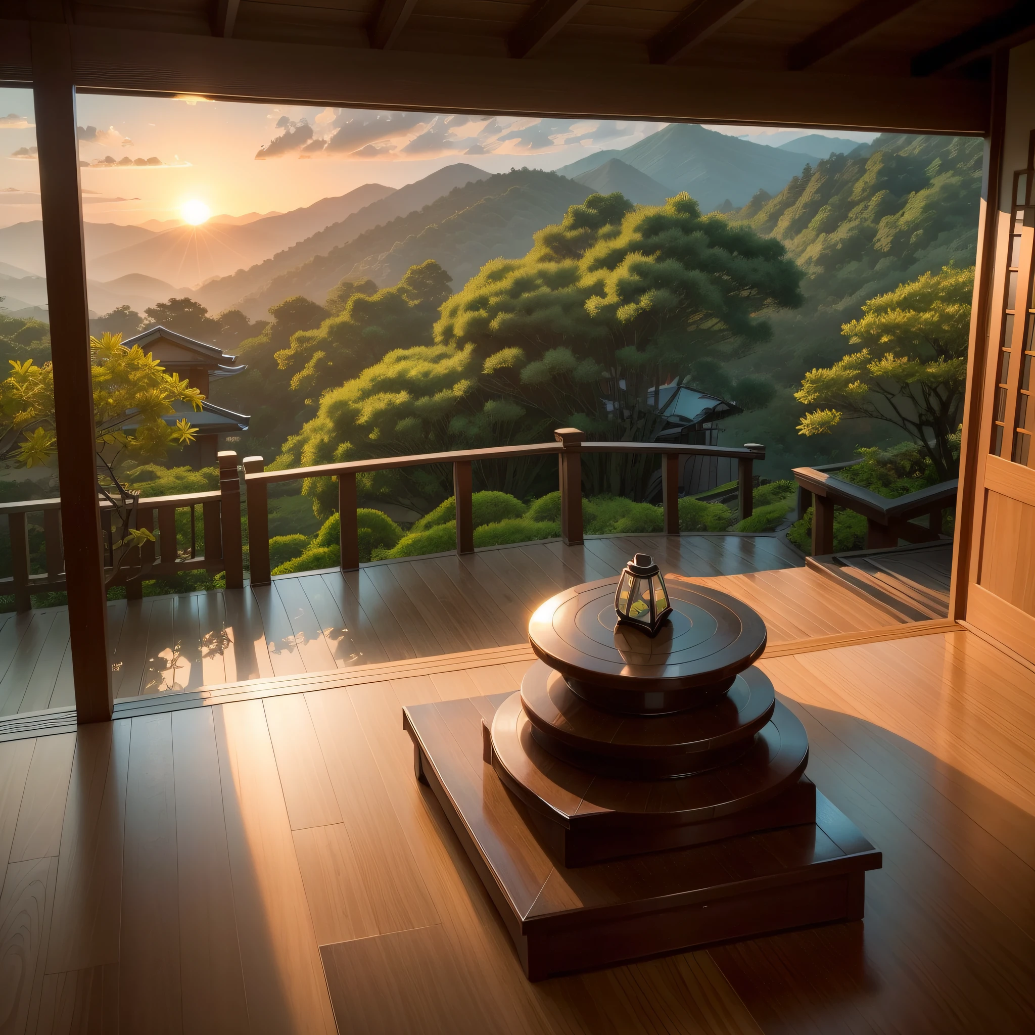 Pure landscape view,vale、Independent Takeya、Sunset Villa、It was raining lightly outside、bamboos、Maple leaves、Heal the beautiful landscape。evening light、Beautiful artistic conception、the sunset、precipice、Emerald green beauty、Clearly visible small fish