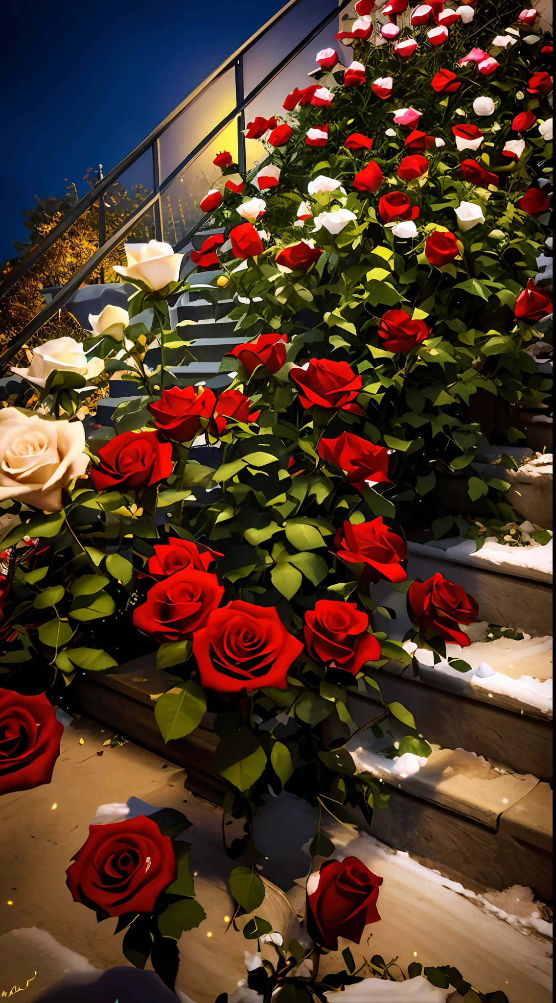 Many roses grow on the steps of the building, white and red roses, roses in cinematic light, red roses at the top, a few roses, rosette, rosses, Beautiful composition, beautiful flowers growing, decorative roses, Rose garden, beautiful aesthetic, with snow covered colourful red, In the evening, photo taken at night, Beautiful image, red and white flowers