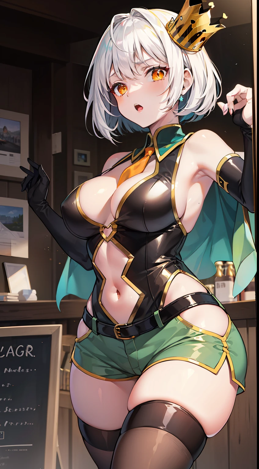 Young black girl, black skin, white colored hair, Bob hairstyle, Orange Eyes, Green rich top, Sleeveless, pantyhouse, crown, Shorts, open breasts, anger, Masterpiece, hiquality