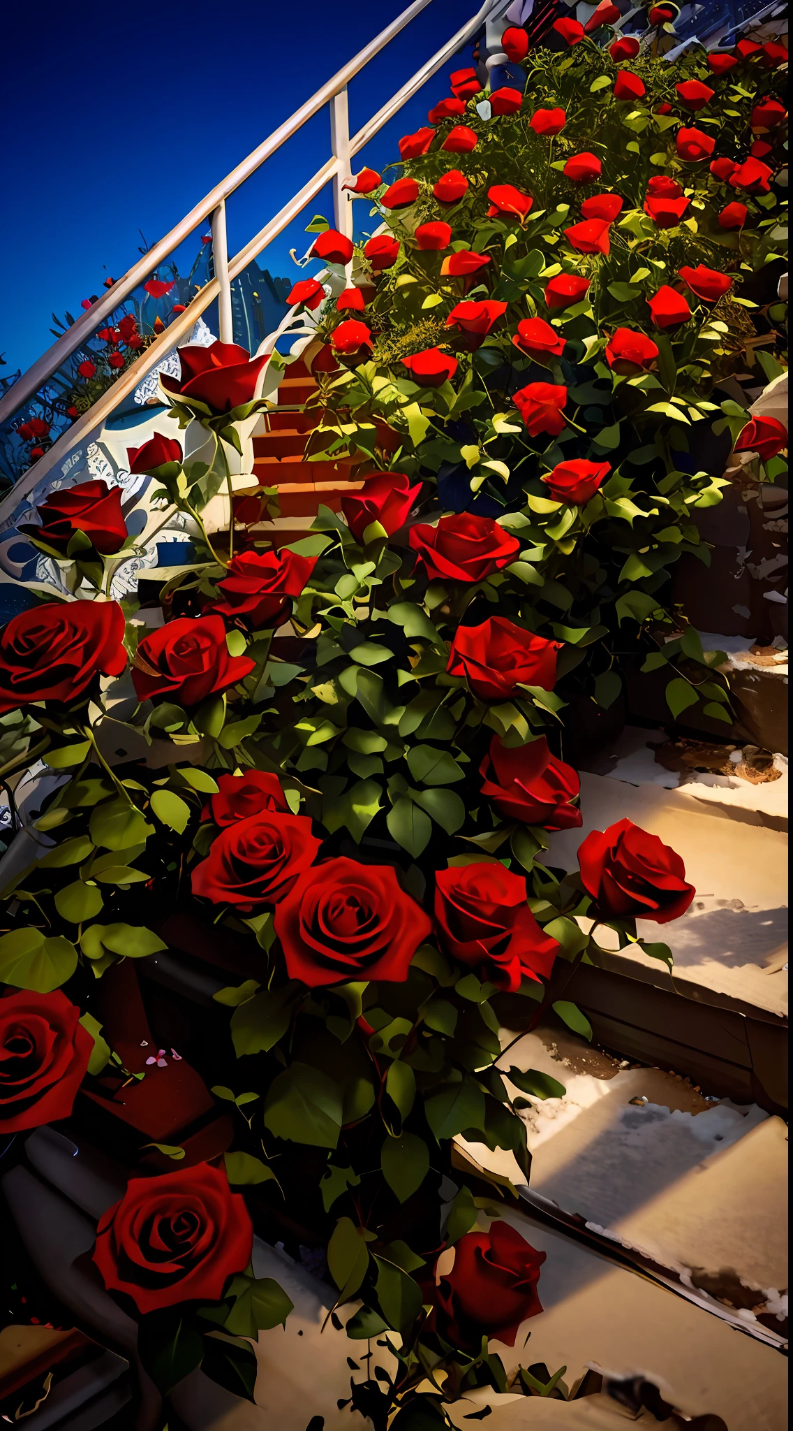 Many roses grow on the steps of the building, white and red roses, roses in cinematic light, red roses at the top, a few roses, rosette, rosses, Beautiful composition, beautiful flowers growing, decorative roses, Rose garden, beautiful aesthetic, with snow covered colourful red, In the evening, photo taken at night, Beautiful image, red and white flowers