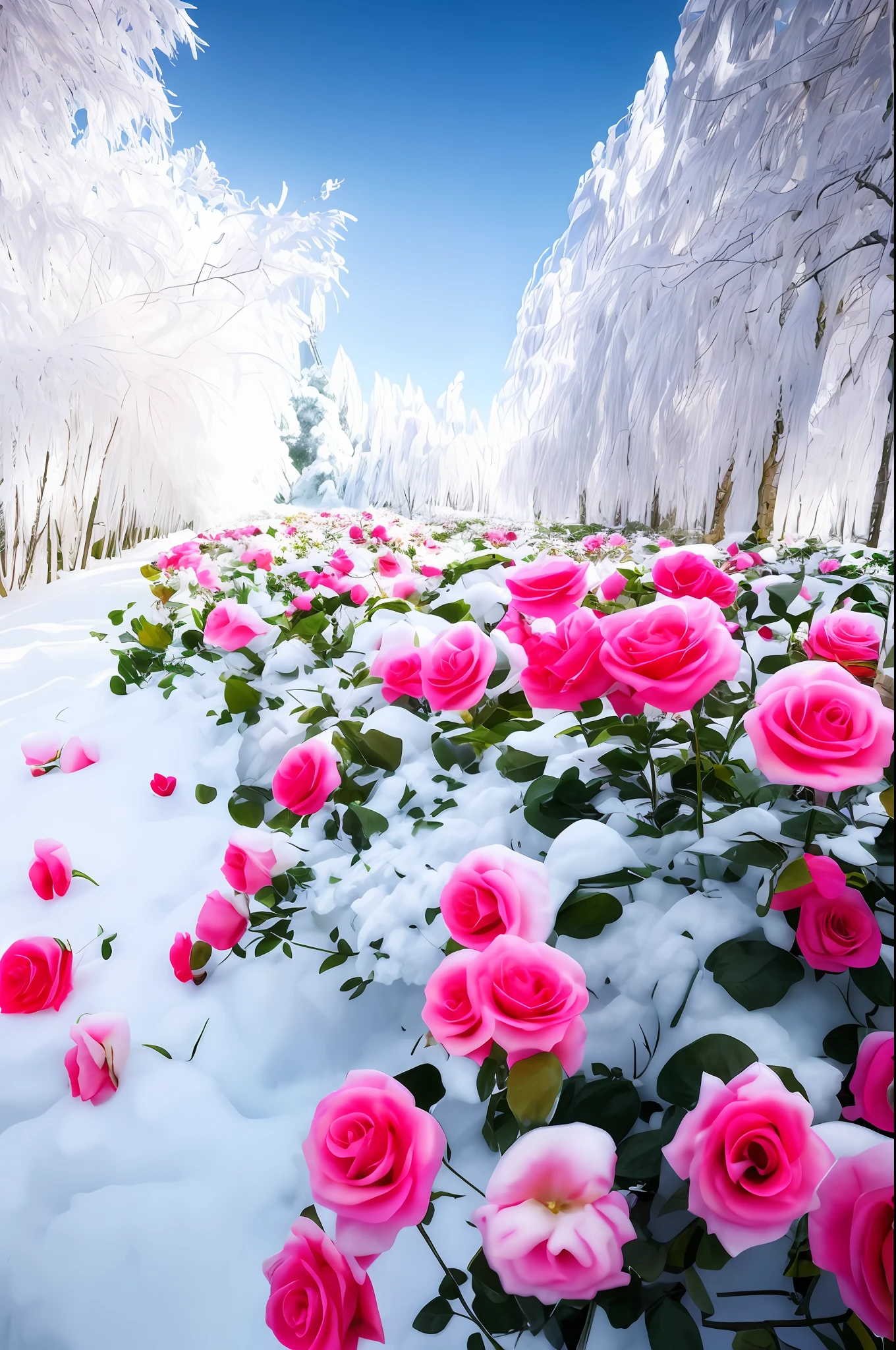 There are a lot of pink roses in the snow on the ground, Really beautiful nature, Beautiful nature, Beautiful photography, with frozen flowers around her, beautiful winter area, big breasts beautiful!, extremely beautiful and ethereal, author:Liang Kai, very beautiful photograph of, national geographic photo”, stunning cinematography, author:Cheng Jiasui, marc adamus, Beautiful flowers, Beautiful random images