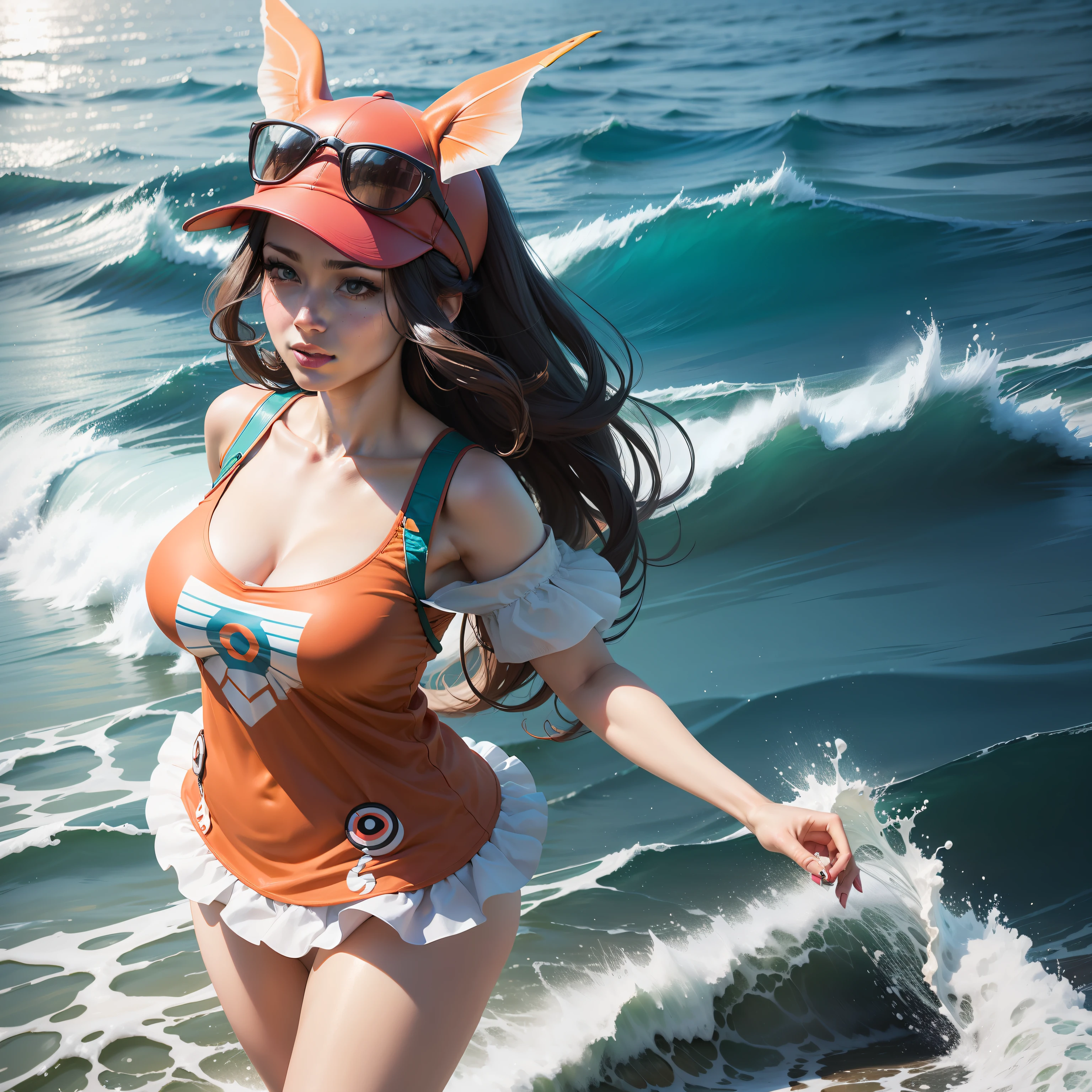 Un llamativo, highly realistic photo of a woman dressed as Pokémon magikarp, with a vibrant representation of the costume and the backdrop of the sea.