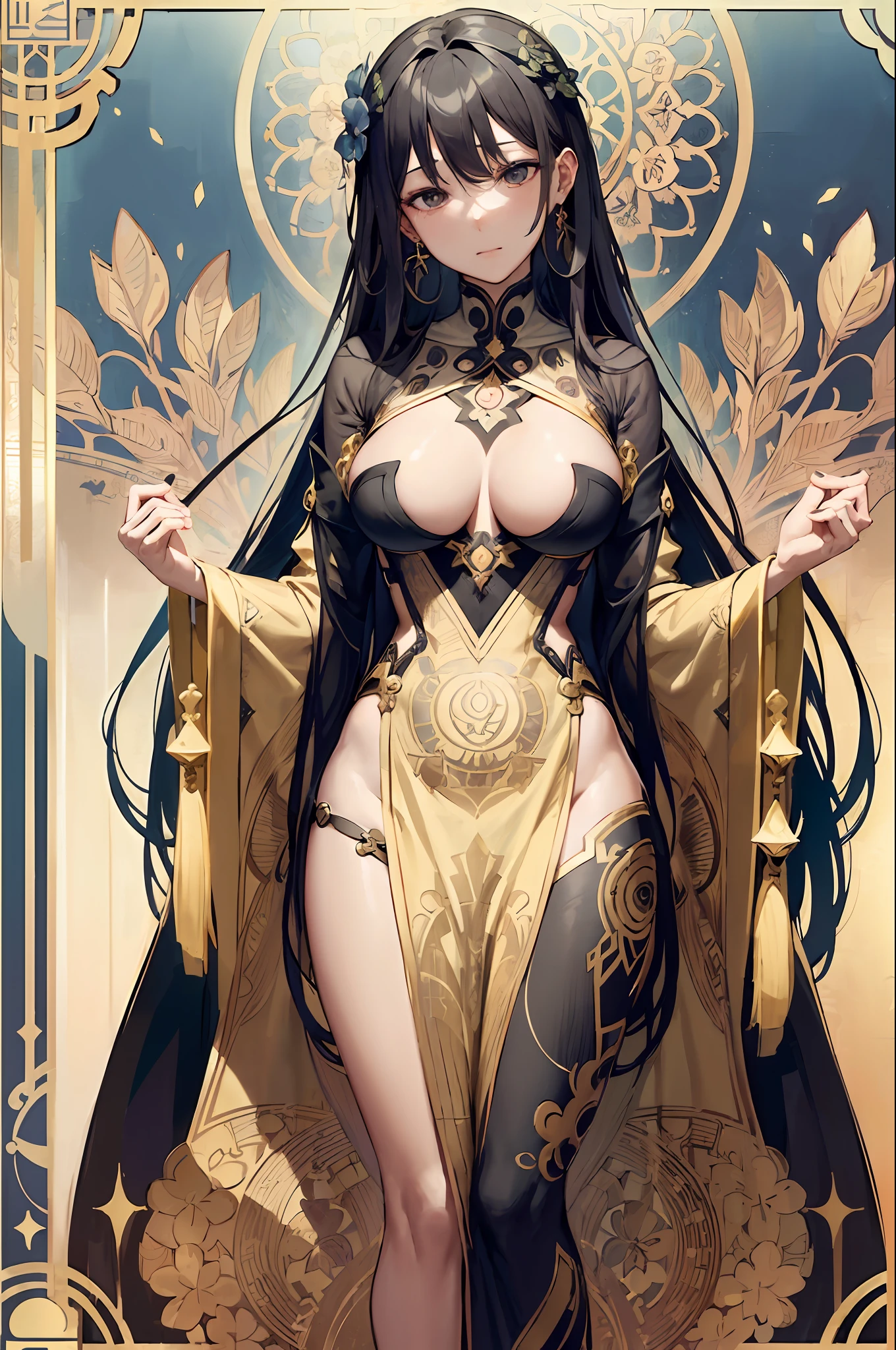 Personification of black tea、Tea box decoration frame、adult lady、doress、Decorative panel、abstract art、By Alphonse Mucha (masterpiece、top-quality、hight resolution: 1.4)、More about realism、intricate-detail、4K、color splashes、line-drawing、Fibonacci、Tarot Cards