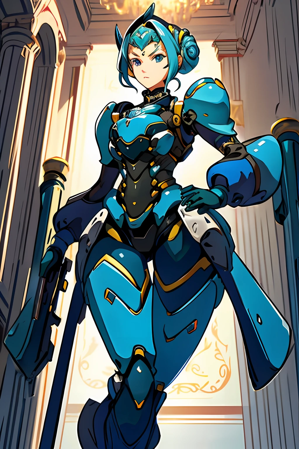 The background is in the palace,A blonde girl with long gun,Wearing a blue mech suit,The girl holds a long gun,greene eyes,cabellos largos dorados,curlies,hight contrast,Fashionab,best qualtiy,8K