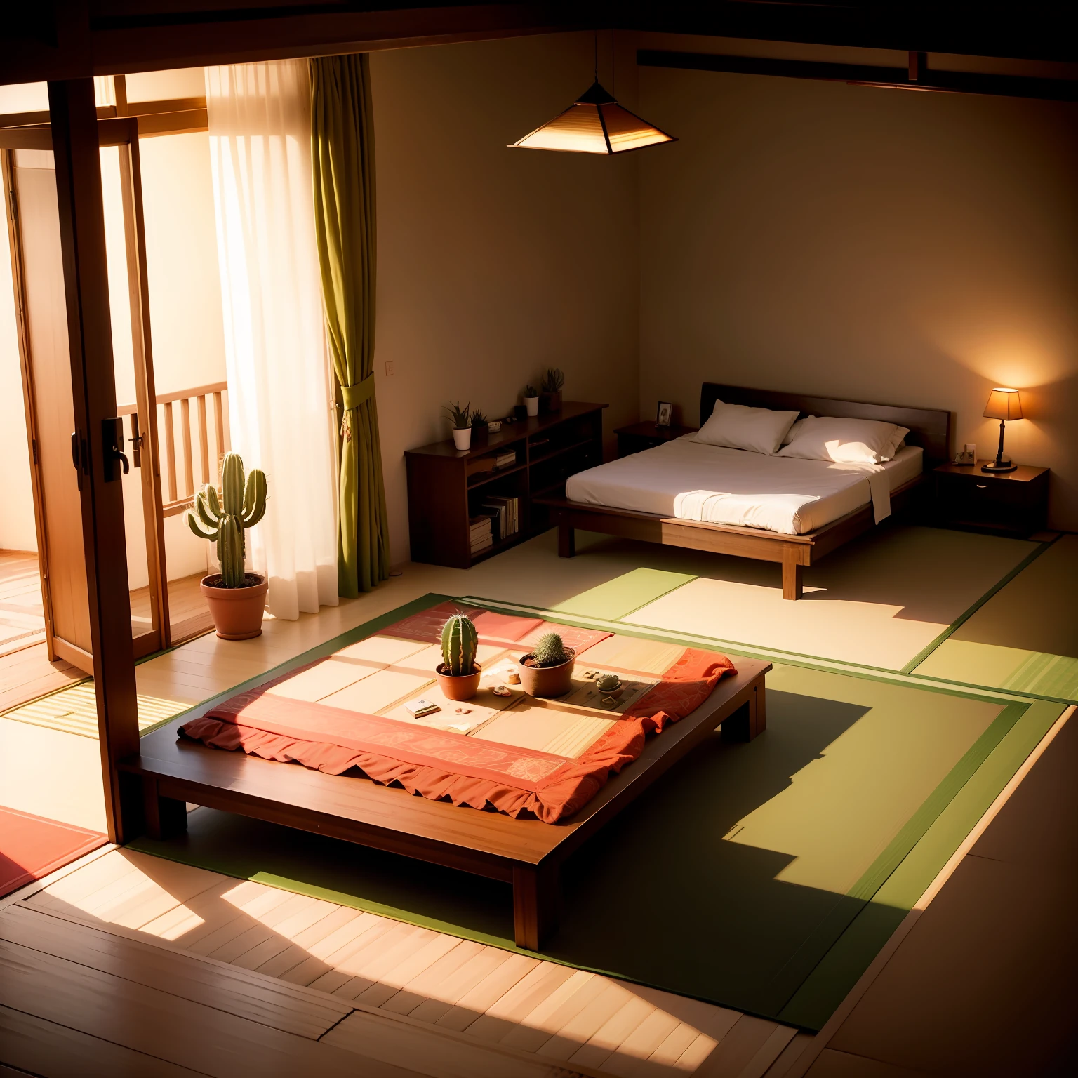 casa,There is a tatami bed inside,On the tatami bed lay a couple,On the bedside table next to it was a box of pizza and a glass of milk,There is a cactus on the ground
