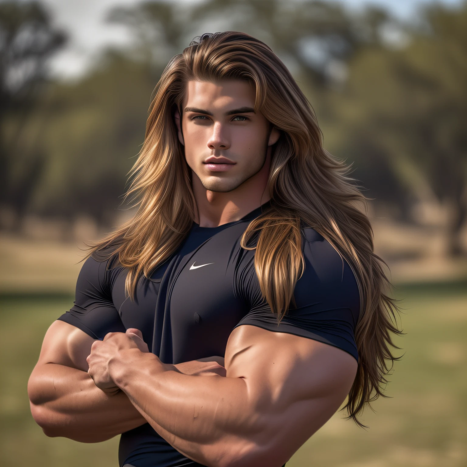 (A muscular 18-year-old fuckboy god with long hair, combining the attractiveness of Joey Lawrence and Cody Calafiore, confidently flaunts his perfectly sculpted physique in form-fitting athletic attire. Breathtaking masterpiece, 4K HDR, insanely realistic, tumblr)