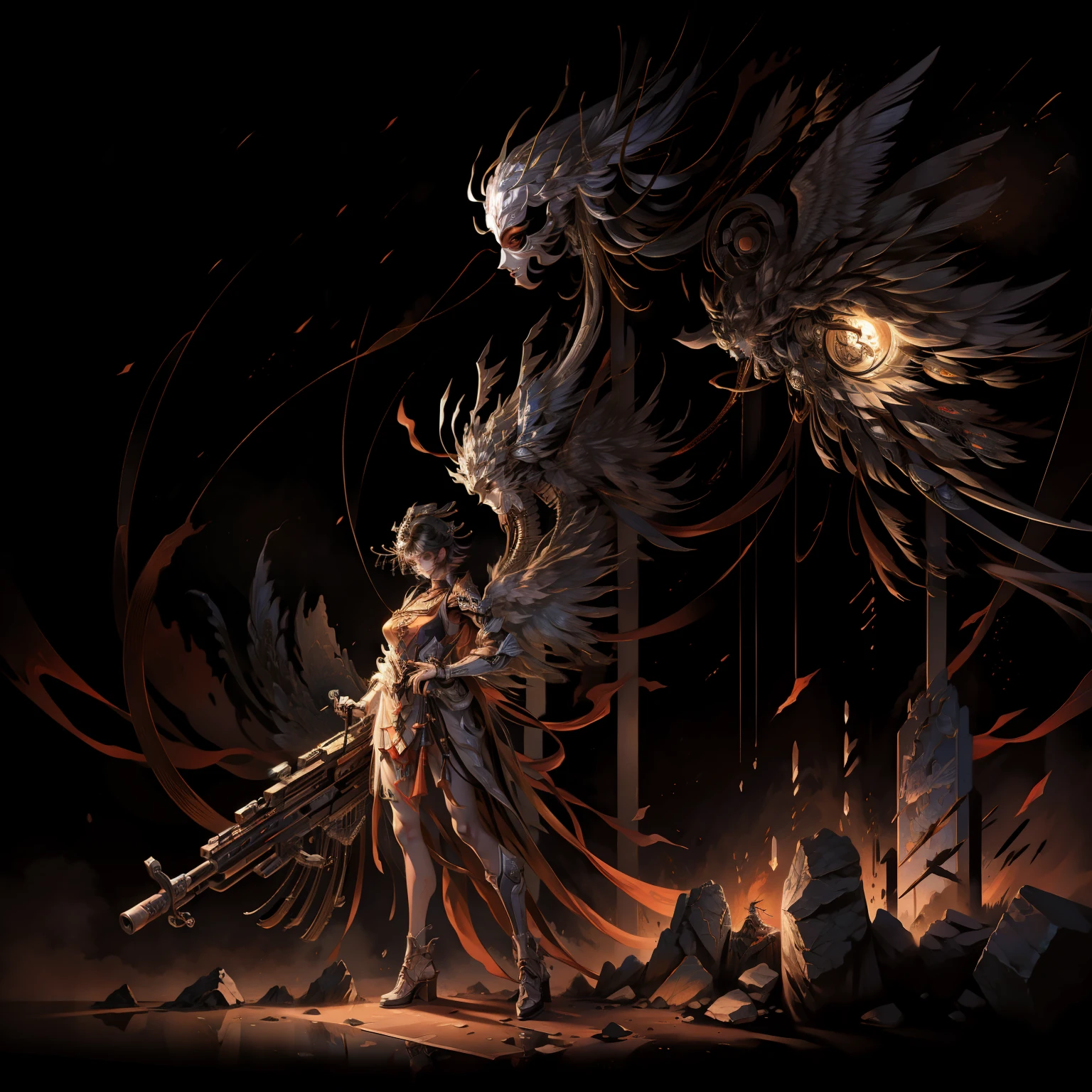 This is a hyper-detail、High resolution and top quality CG Unity 8k wallpaper,The style is cyberpunk,Mainly black and red。The white sacred goddess of short hair appears in the picture,s delicate face,Wearing a steam mech mask,standing on ruins,Behind him is a huge robot,The action of a woman holding a heavy sniper rifle in her hand,(offcial art:1.5),(Extremely detailed:1.4)