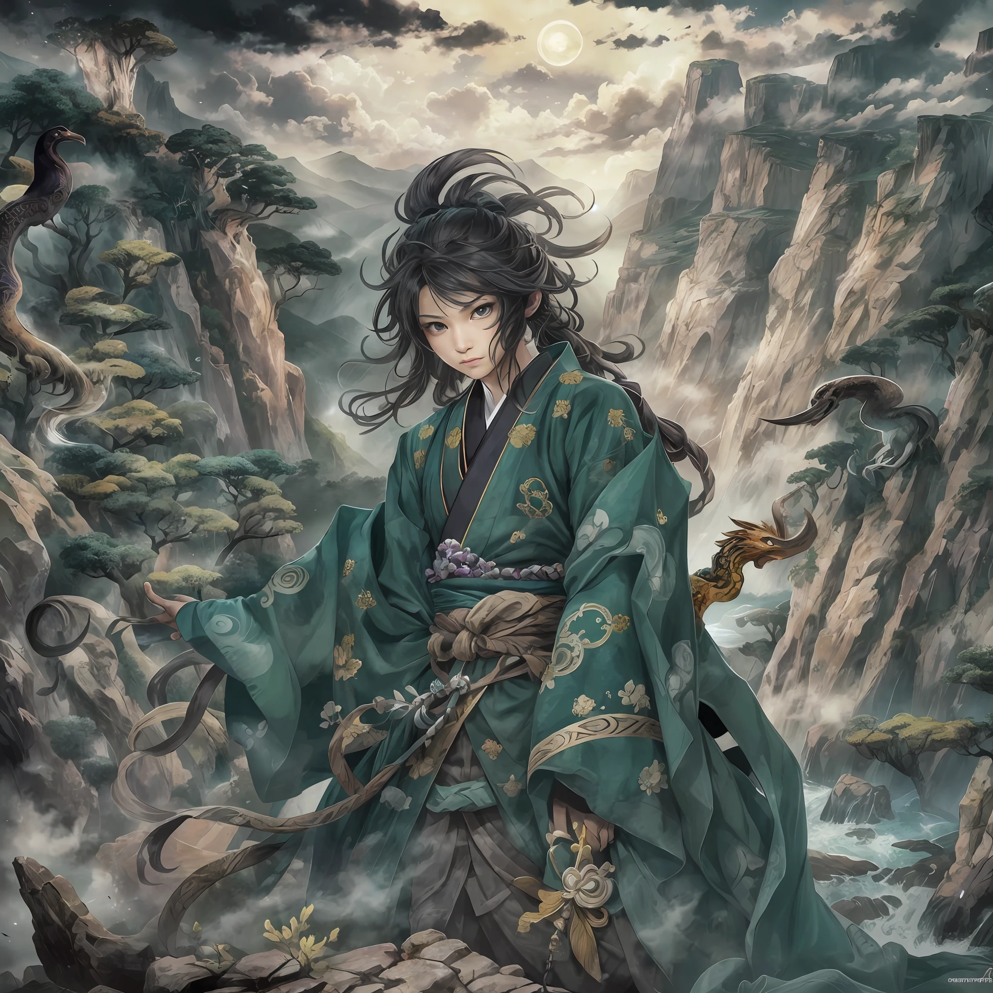 mystic ninja，Detailed face，Detailed eyes，Clear eyes，Gui Zen，Exotic beasts of mountains and seas，Dark green and black details, Loose and thick clothing covers the body，standing on cliff，Bask in the luxury of Yoshitaka Amano in the moonlight，fanciful，sci-fy，the complex background（full bodyesbian），((dynamicposes))，Colorful wallpapers，Highly detailed，Masterpiece，best qualtiy，art  stations