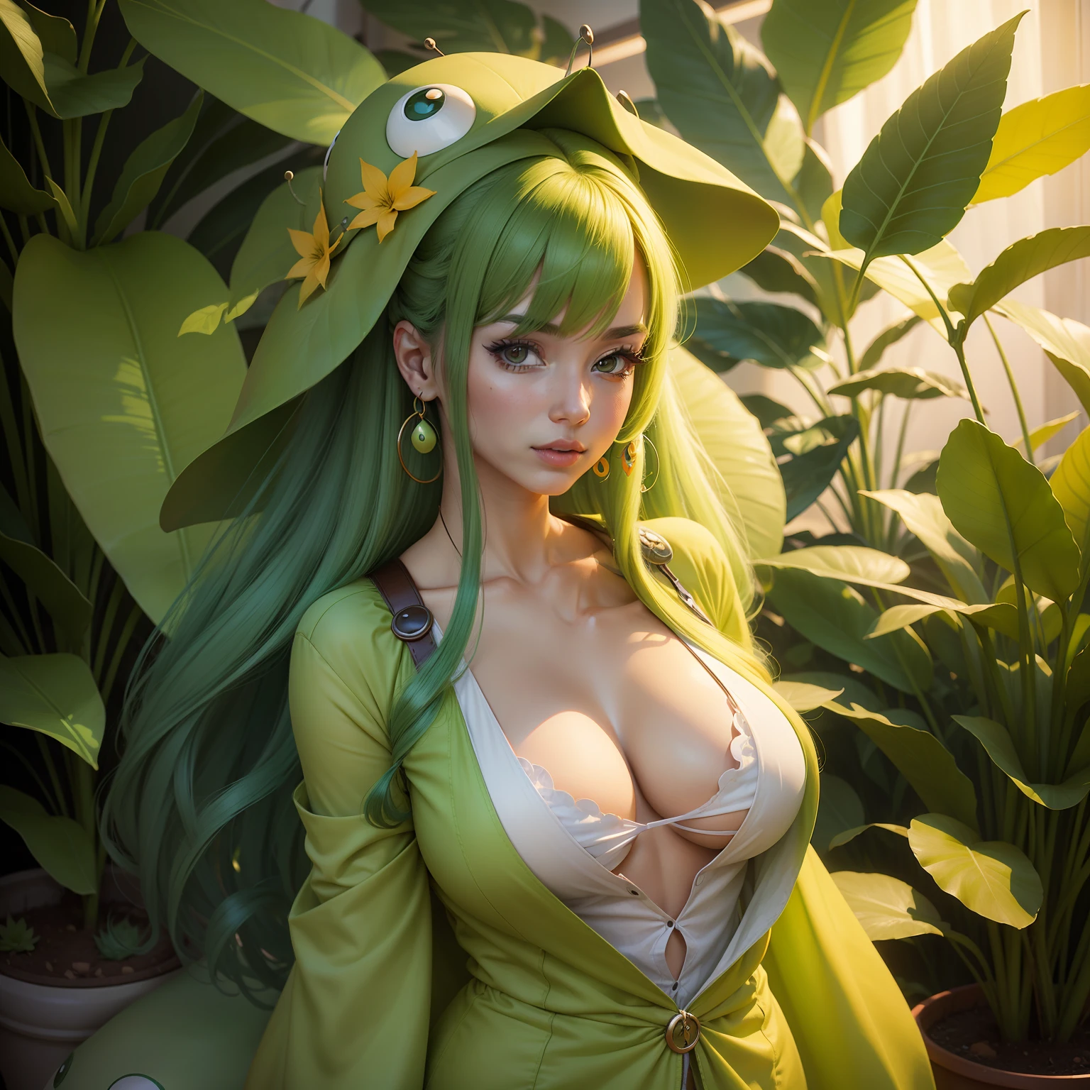 An eye-catching, highly realistic photo of a woman dressed as Chikorita from Pokémon, with a vibrant rendering of the costume and plant backdrop.