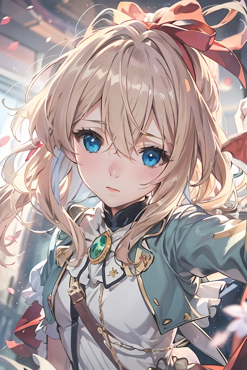 (Dynamic Angle: 1.3), Wind, Movie Highlight, Tyndall Effect, 1 Girl, Upper Body, Arms Up, Look at the Audience, Extreme Close Up, violet_evergarden, Solo, Jewelry, Expressionless, Brooch, blonde_hair, ( Vevry Long Hair: 1.2), messy_hair, Floating hairlong_sleeves, Ribbon, blue_eyes, Jacket, Dress, Gemstone, hair_ ribbon, sky, depth_of_field, flower fields, fluttering petals
