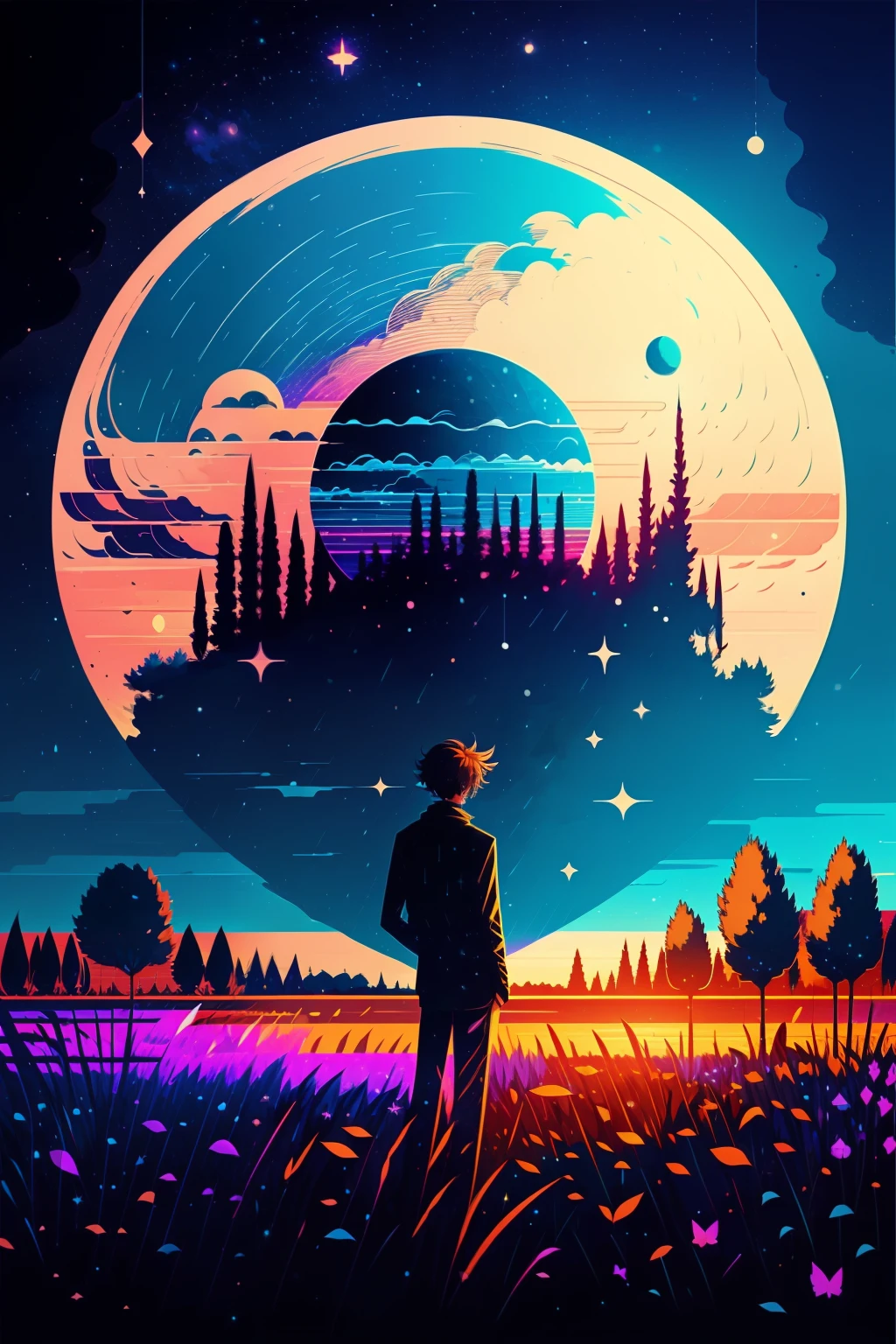 anime art of a man standing in a field with a giant moon in the sky, background art, jen bartel, quiet night. digital illustration, background art, lofi art, detailed sky, lofi art style, anime background art, anime sky, sky, night sky, in the style of dan mumford's artwork, anime background, colorful skies