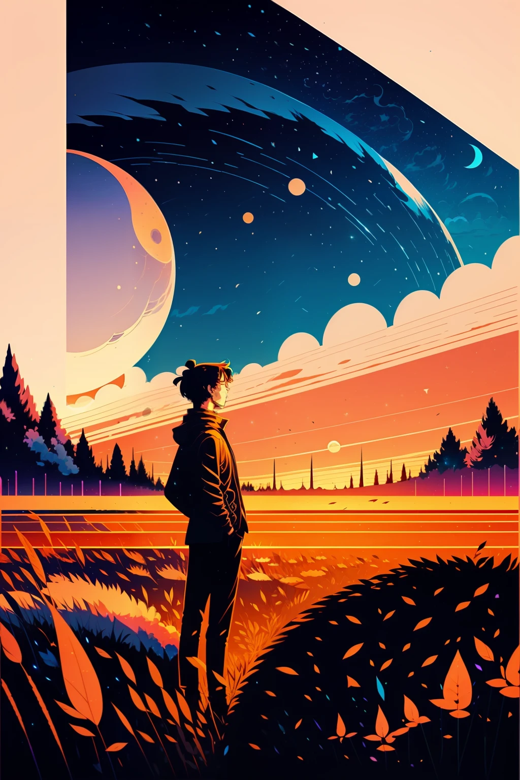 anime art of a man standing in a field with a giant moon in the sky, background art, jen bartel, quiet night. digital illustration, background art, lofi art, detailed sky, lofi art style, anime background art, anime sky, sky, night sky, in the style of dan mumford's artwork, anime background, colorful skies